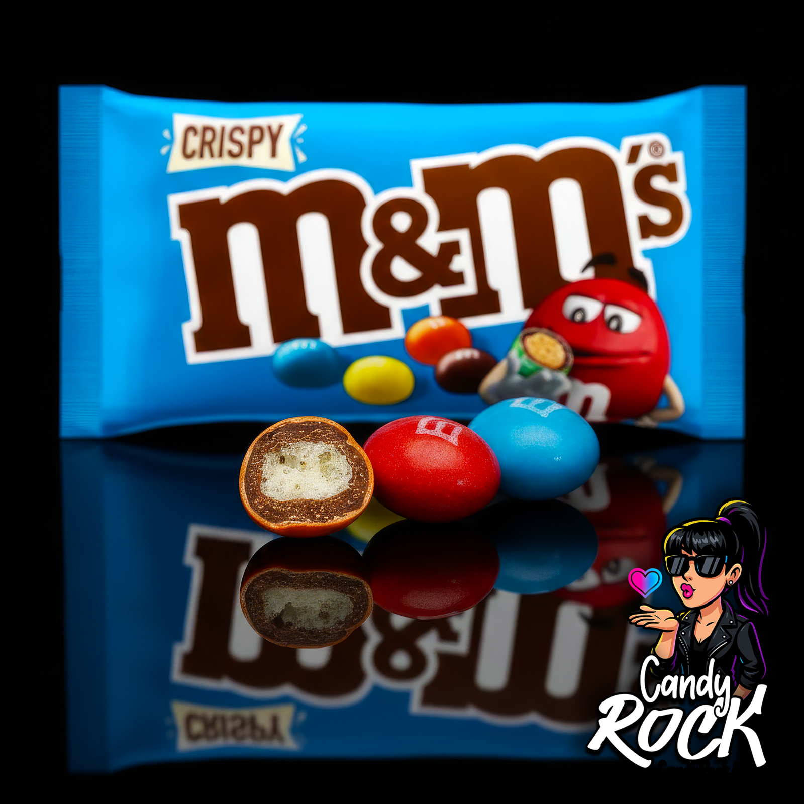 Sachet de M&M’s Crispy posé sur fond noir avec plusieurs dragées colorées et un bonbon coupé devant, CandyRock.