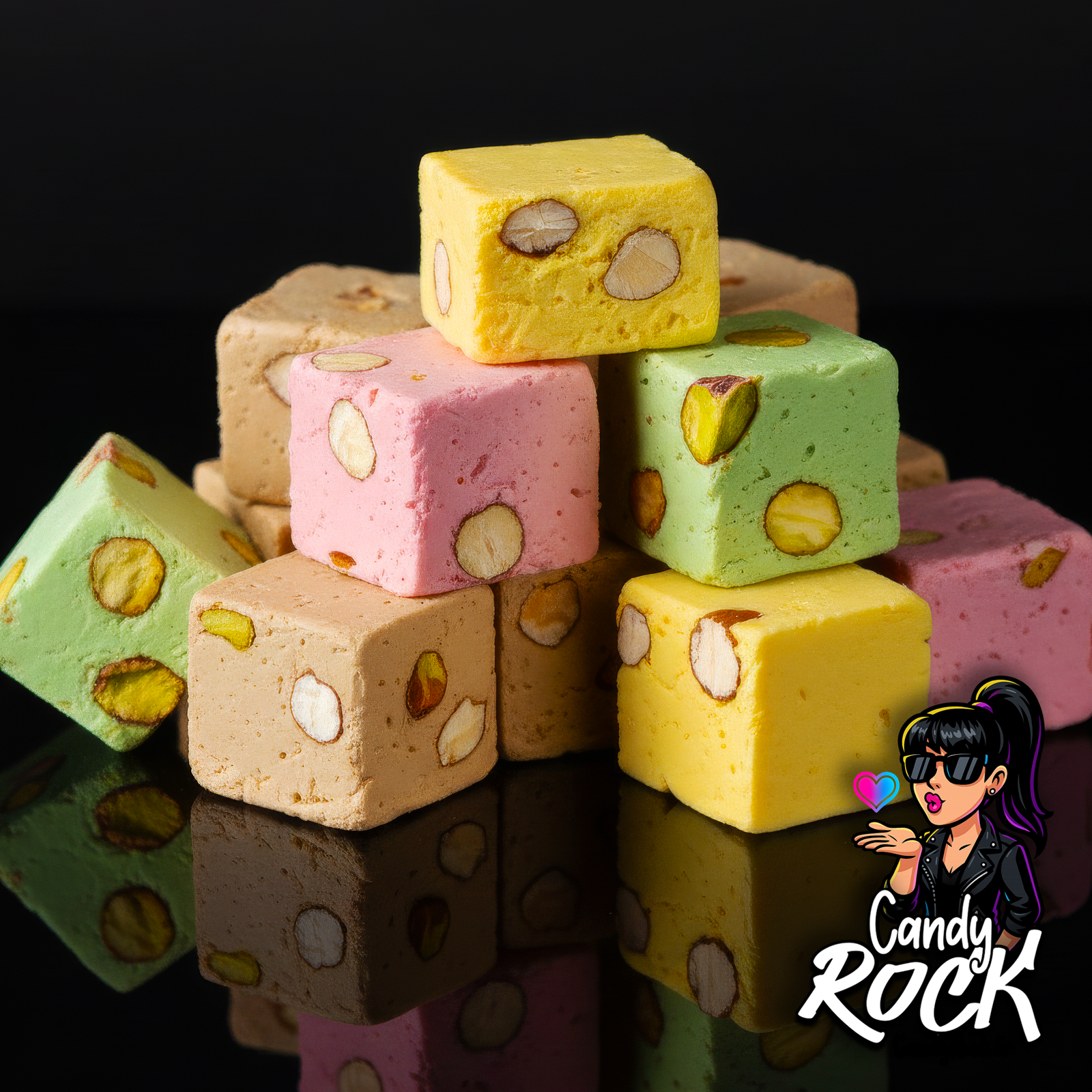 Gros plan sur mini cubes de nougat colorés de 1 à 2 cm, inclusions d’amandes visibles et texture tendre, CandyRock.