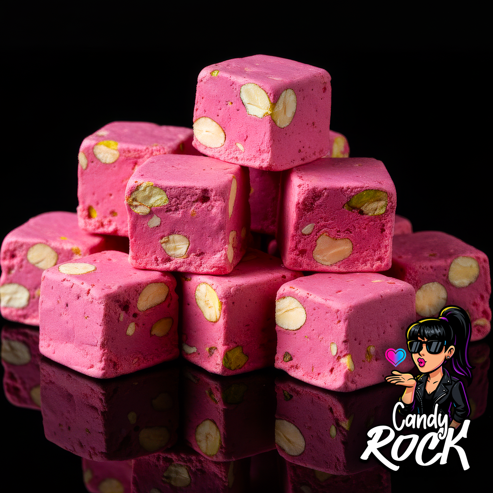 Gros plan sur nougats framboise emballés individuellement, texture tendre et amandes entières, CandyRock.