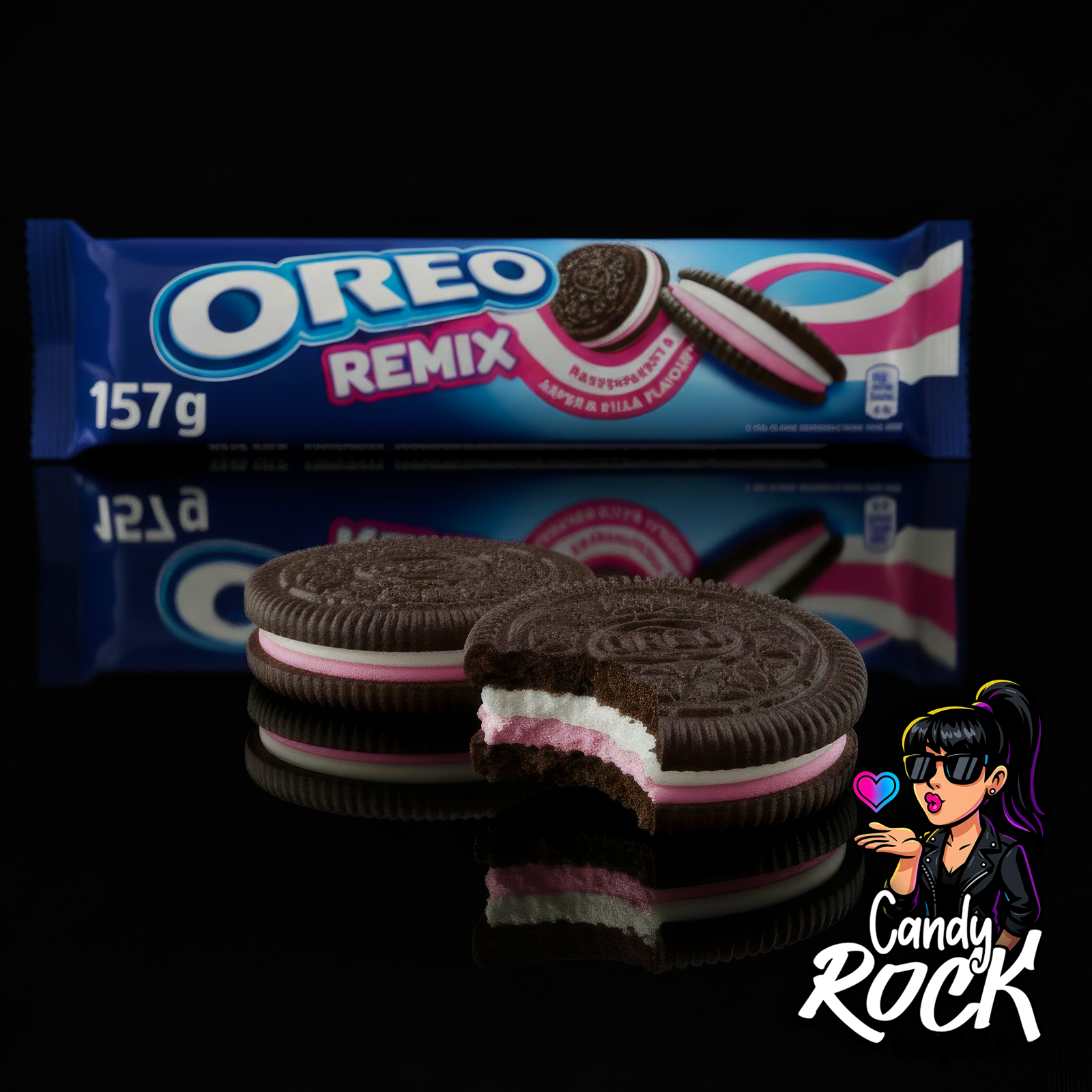 Biscuits Oreo Remix framboise et vanille présentés en pack individuel, fourrage bicolore rose et blanc, CandyRock.