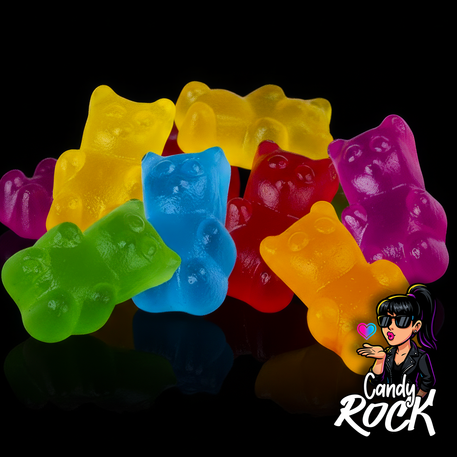 Vue rapprochée de mini oursons gélifiés lisses multicolores, texture brillante et moelleuse, CandyRock.