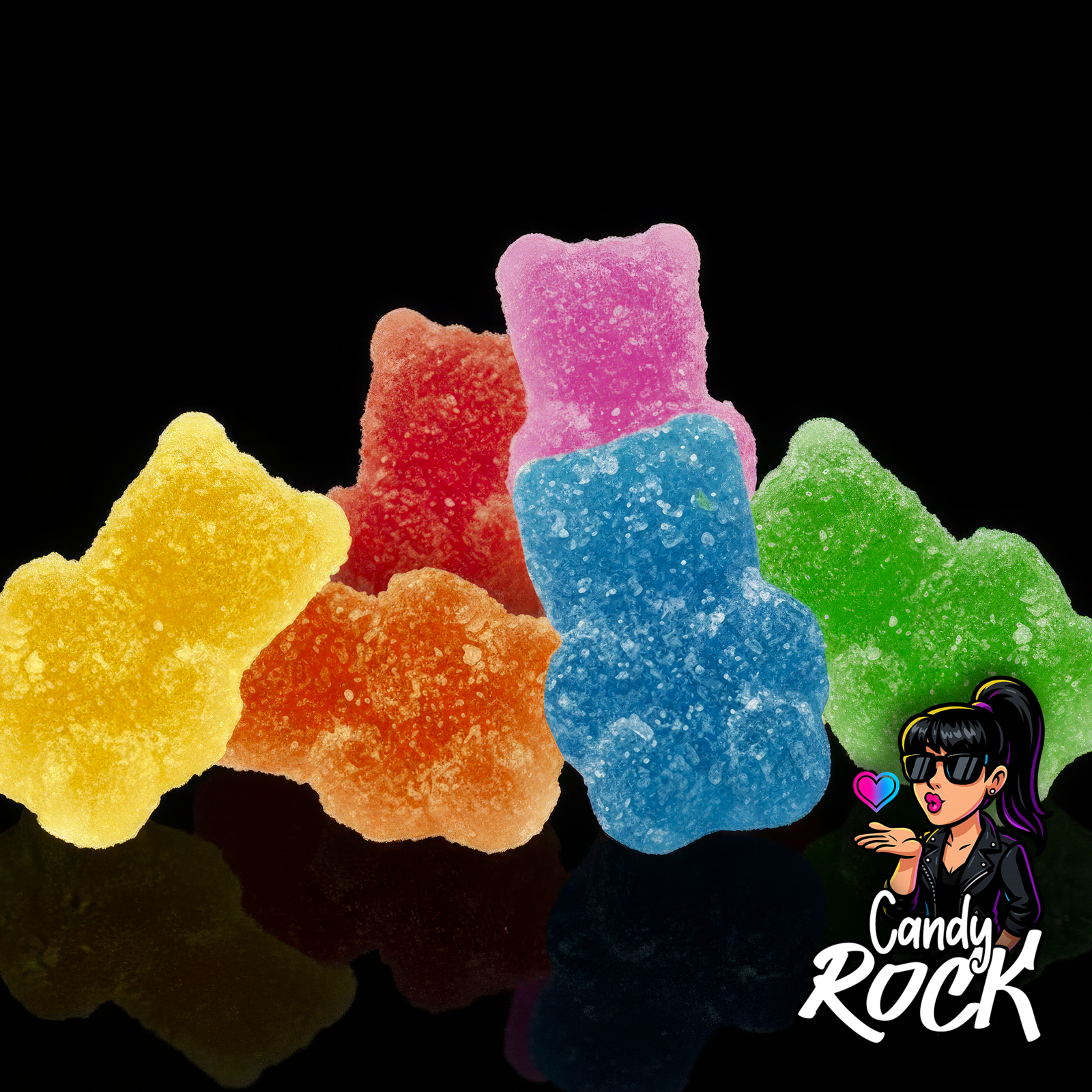 Zoom sur des oursons gélifiés sucrés multicolores, surface scintillante et moelleuse, CandyRock.