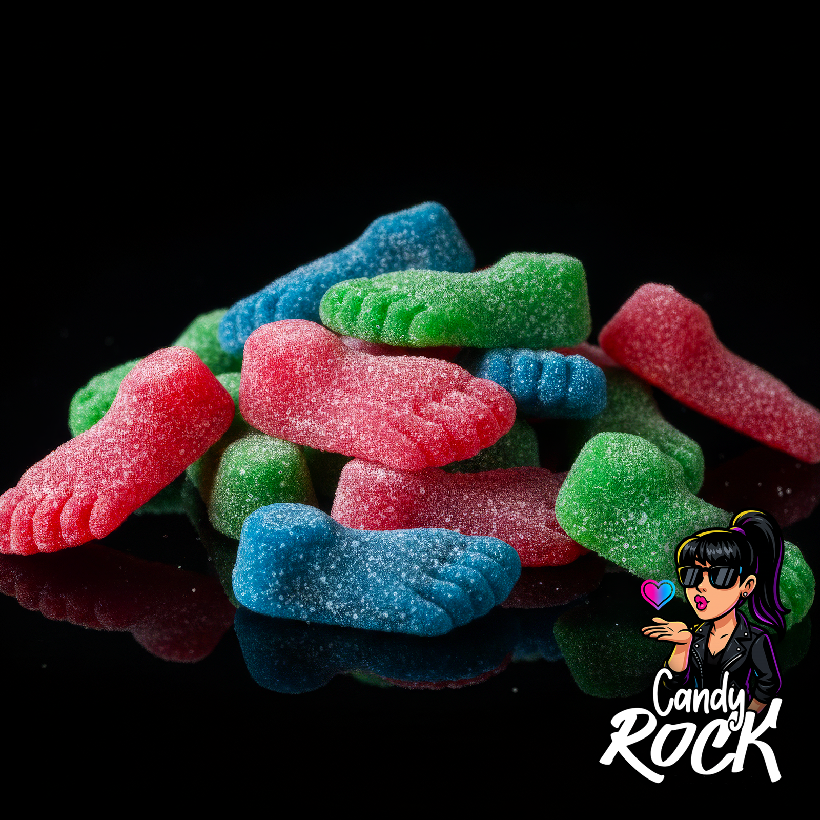 Vue rapprochée de bonbons pieds multicolores chargés de sucre acidulé, texture gélifiée mise en avant, CandyRock.