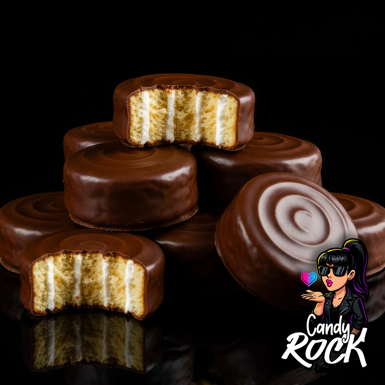 Phoskitos ouverts montrant les couches de génoise et crème sous l’enrobage chocolat brillant, CandyRock.