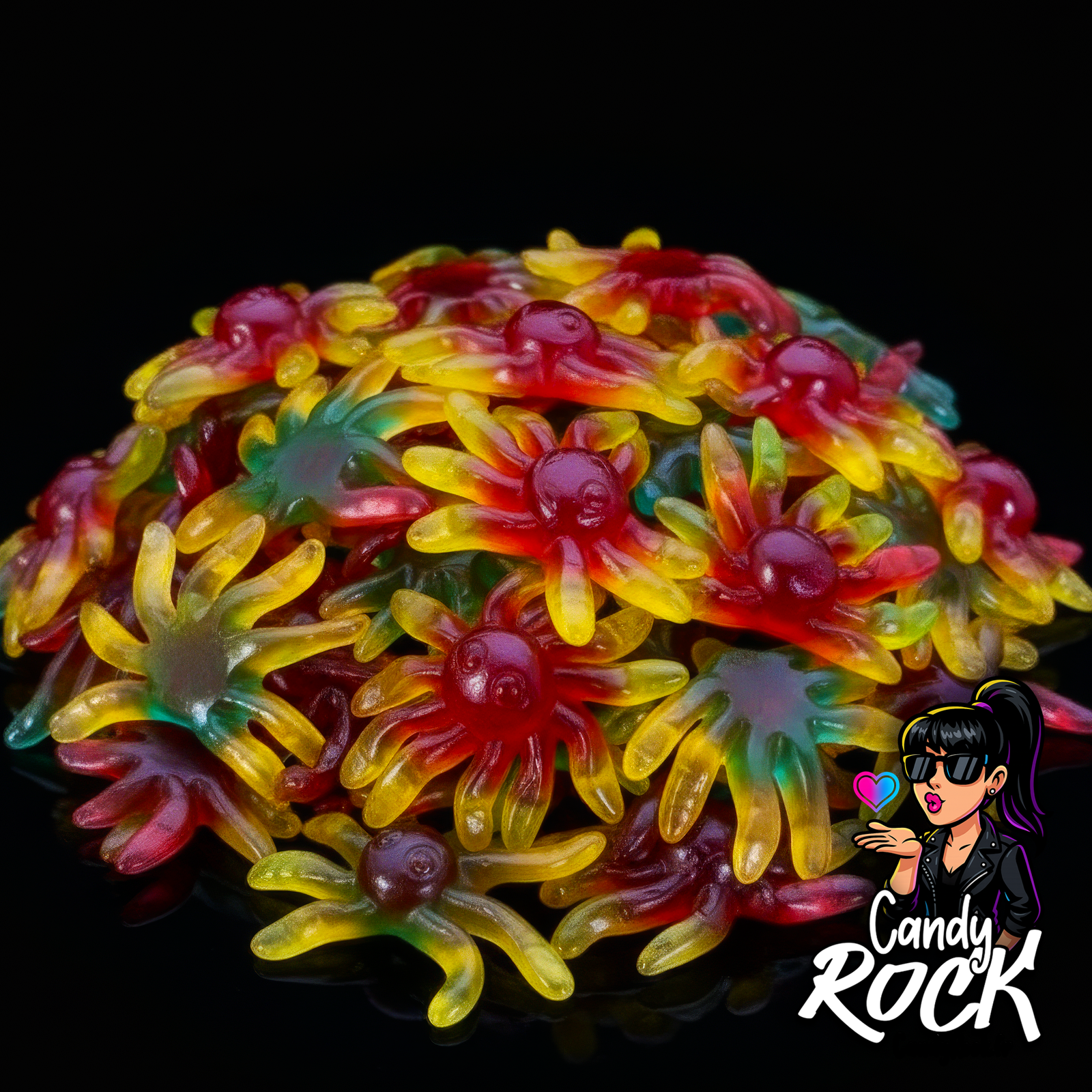 Bonbons pieuvres gélifiées lissées Trolli, multicolores et brillantes, présentées en tas sur fond noir CandyRock.