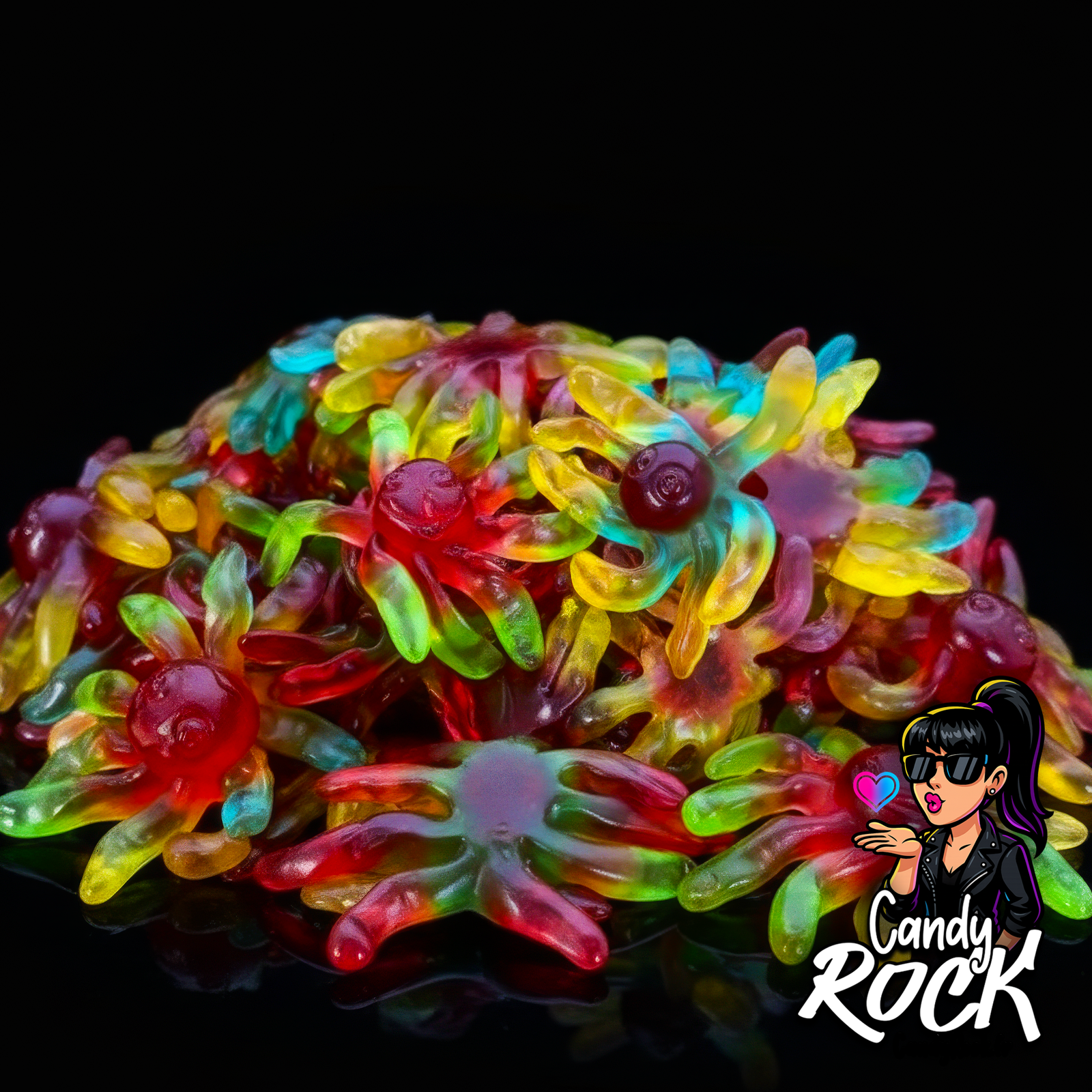 Zoom sur des pieuvres gélifiées lissées Trolli, couleurs vives et texture brillante, ambiance CandyRock.