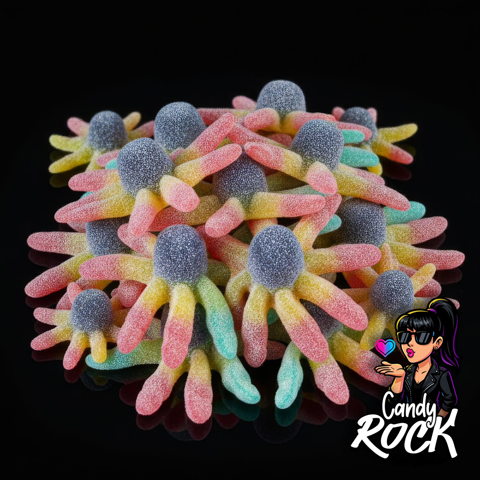 Bonbons pieuvres gélifiées multicolores acidulées sur fond noir avec texture scintillante, présentation CandyRock.
