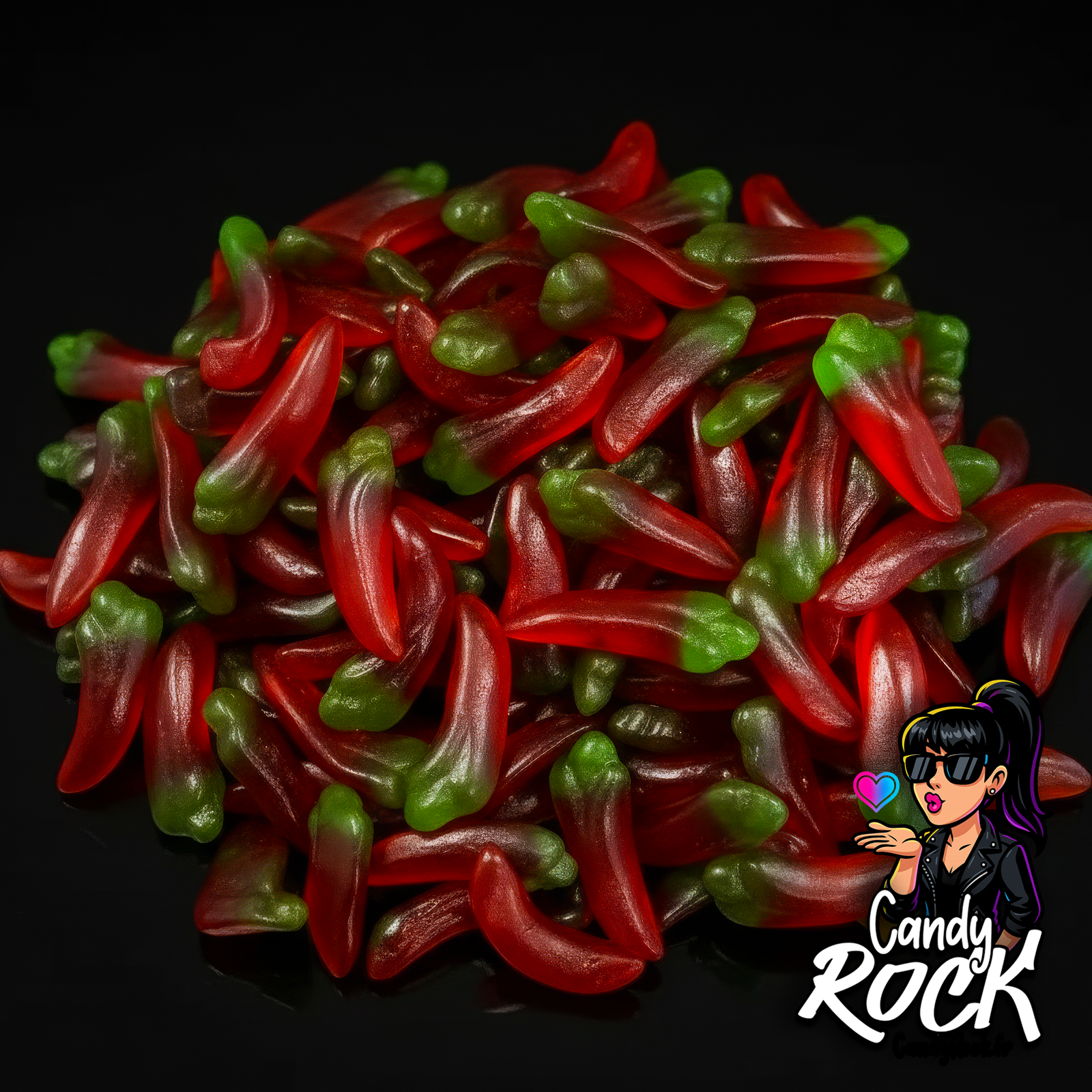 Bonbons gélifiés lisses, translucides, en forme de piments rouges et verts, brillante texture moelleuse.
