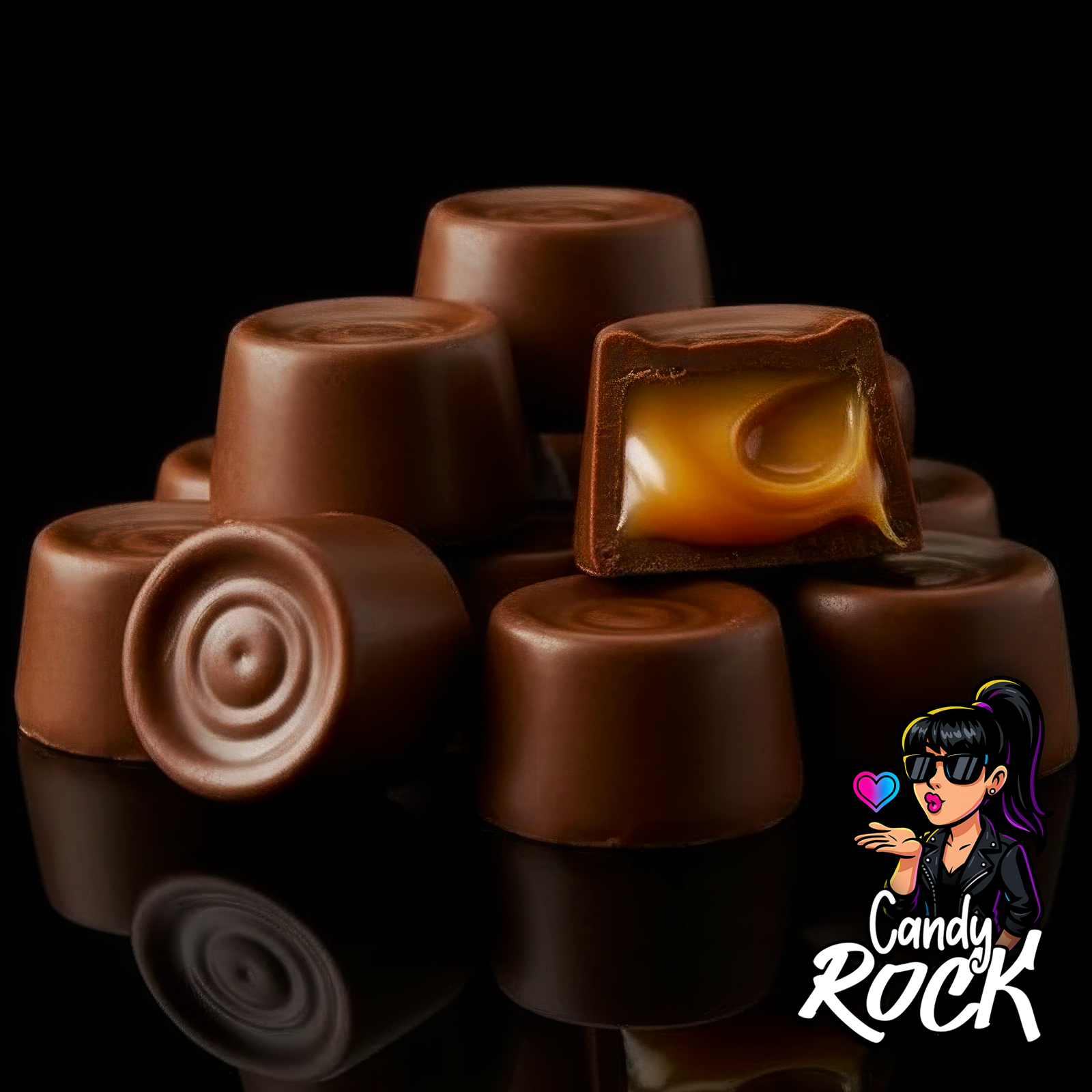 Vue rapprochée de chocolats Rolo ouverts laissant couler leur caramel brillant et onctueux, CandyRock.