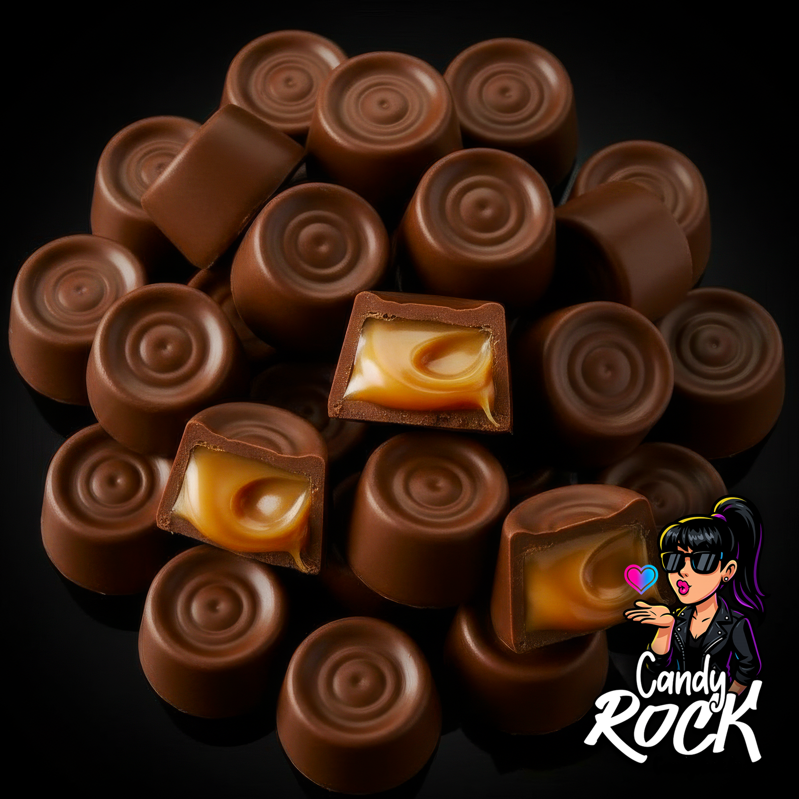 Assortiment de Rolo chocolat au lait avec caramel fondant, détail de la texture lisse et brillante sur fond noir CandyRock.