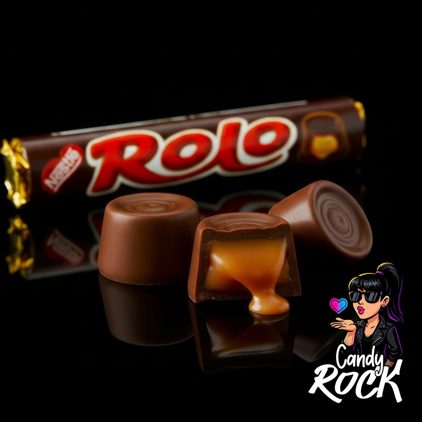 Bonbons Rolo chocolat au lait avec cœur caramel fondant, tube visible à l’arrière, présentation sur fond noir CandyRock.
