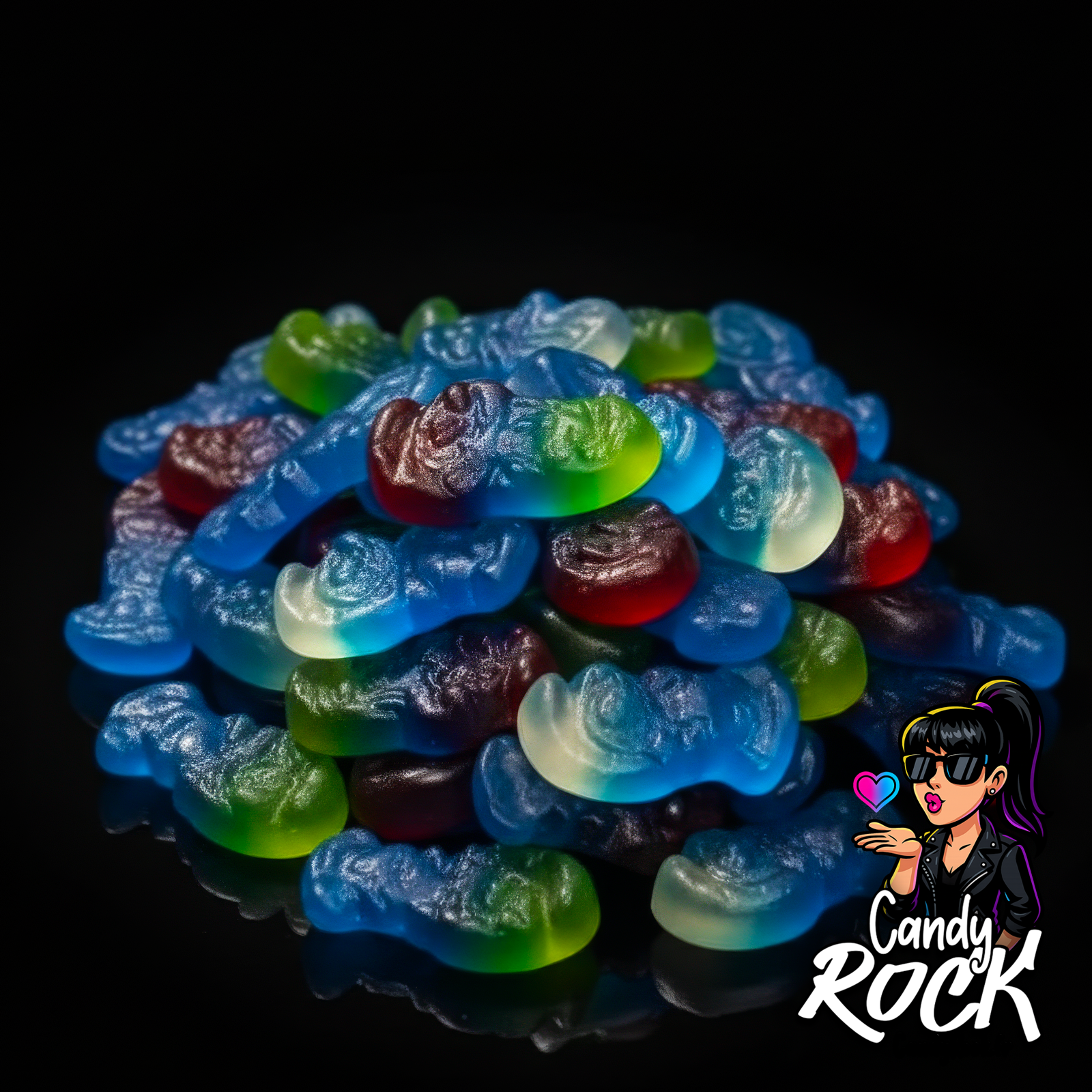Bonbons schtroumpfs Haribo gélifiés lisses bleu néon et multicolores sur fond noir, présentation du tas vibrant, CandyRock.