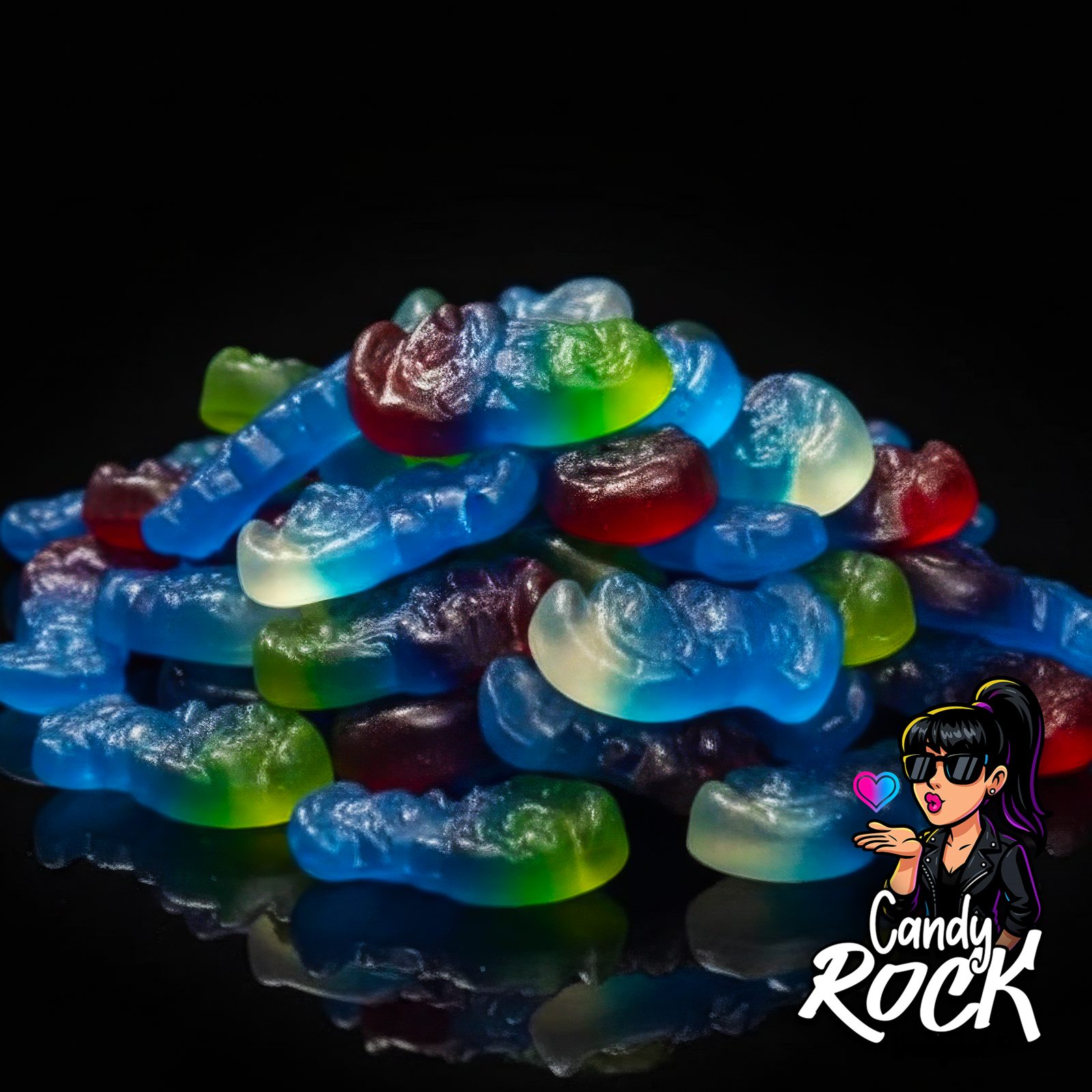 Zoom sur bonbons schtroumpfs Haribo gélifiés lisses avec effets translucides et couleurs pop, CandyRock.