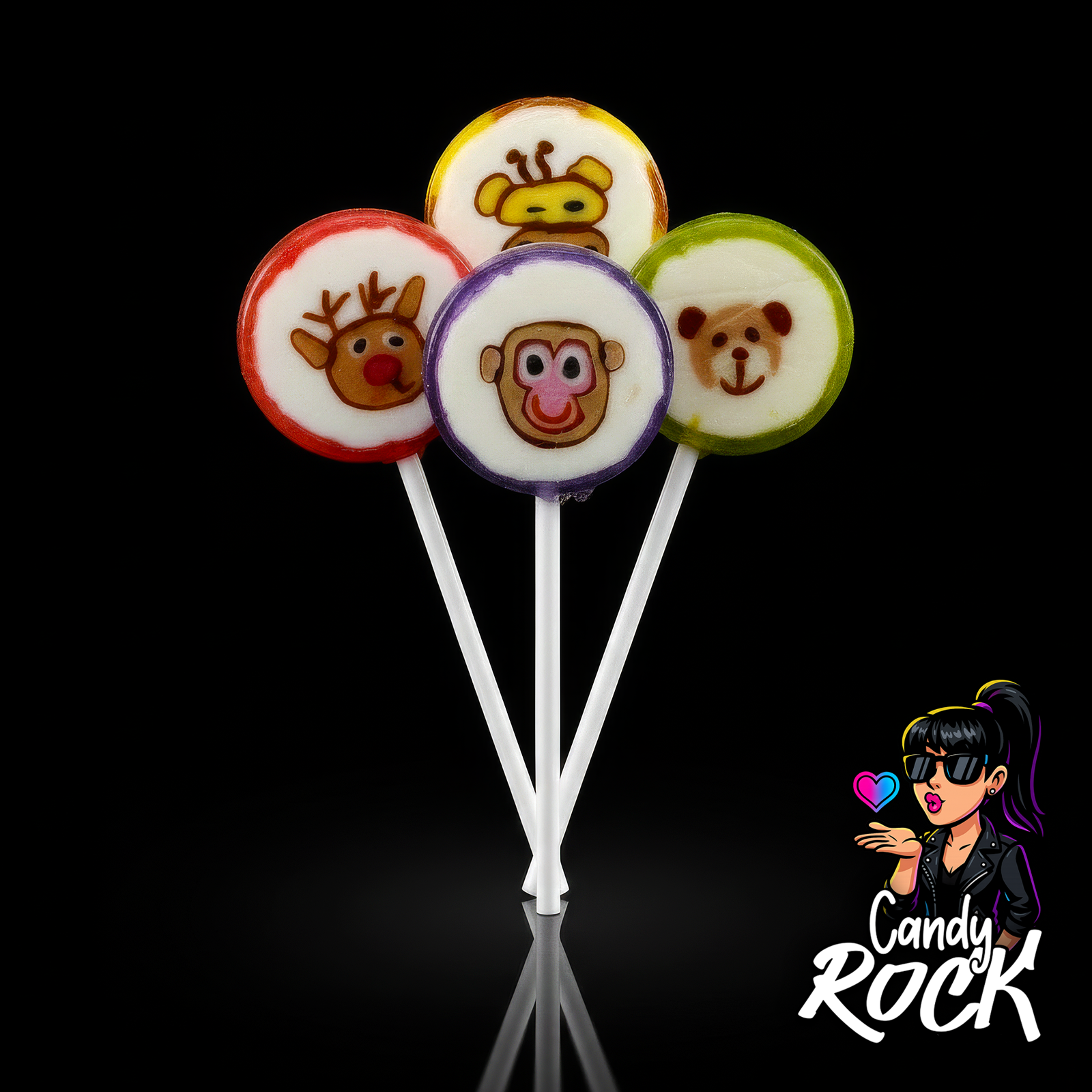 Quatre sucettes rondes multicolores avec personnages animaux au centre, finition brillante, CandyRock.