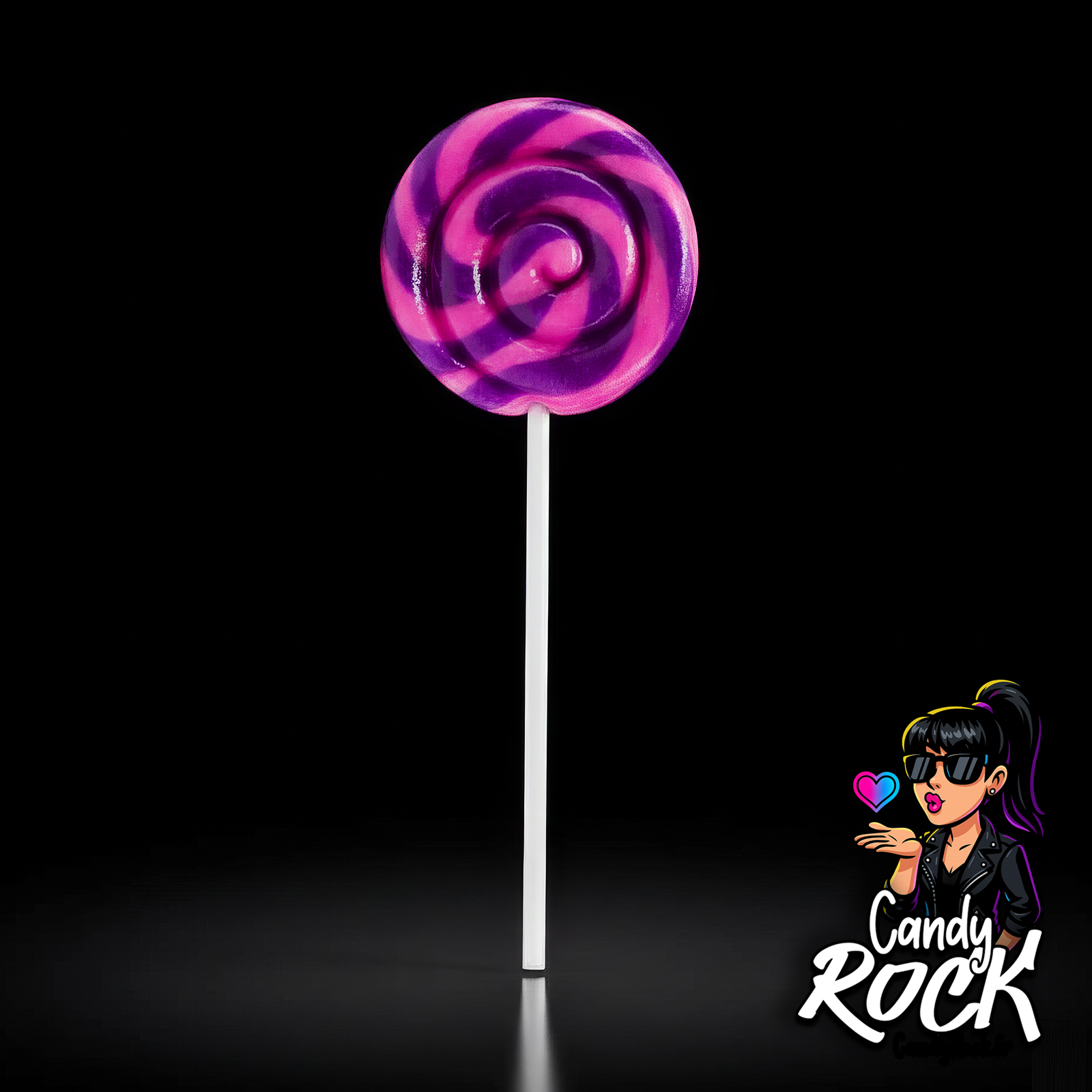 Sucette Swigle Pop Bubble Gum Felko Holland en spirale rose et bleu, texture glossy et finition brillante, CandyRock.