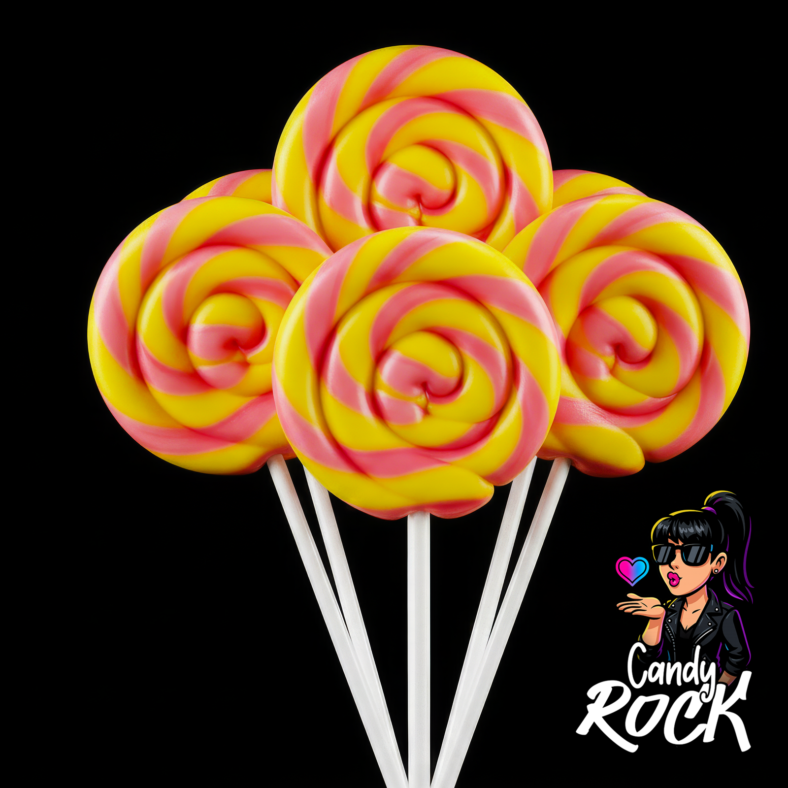 Assortiment de sucettes spiralées jaunes et roses saveur fraise banane Swigle Pop Felko Holland, effet glossy, CandyRock.