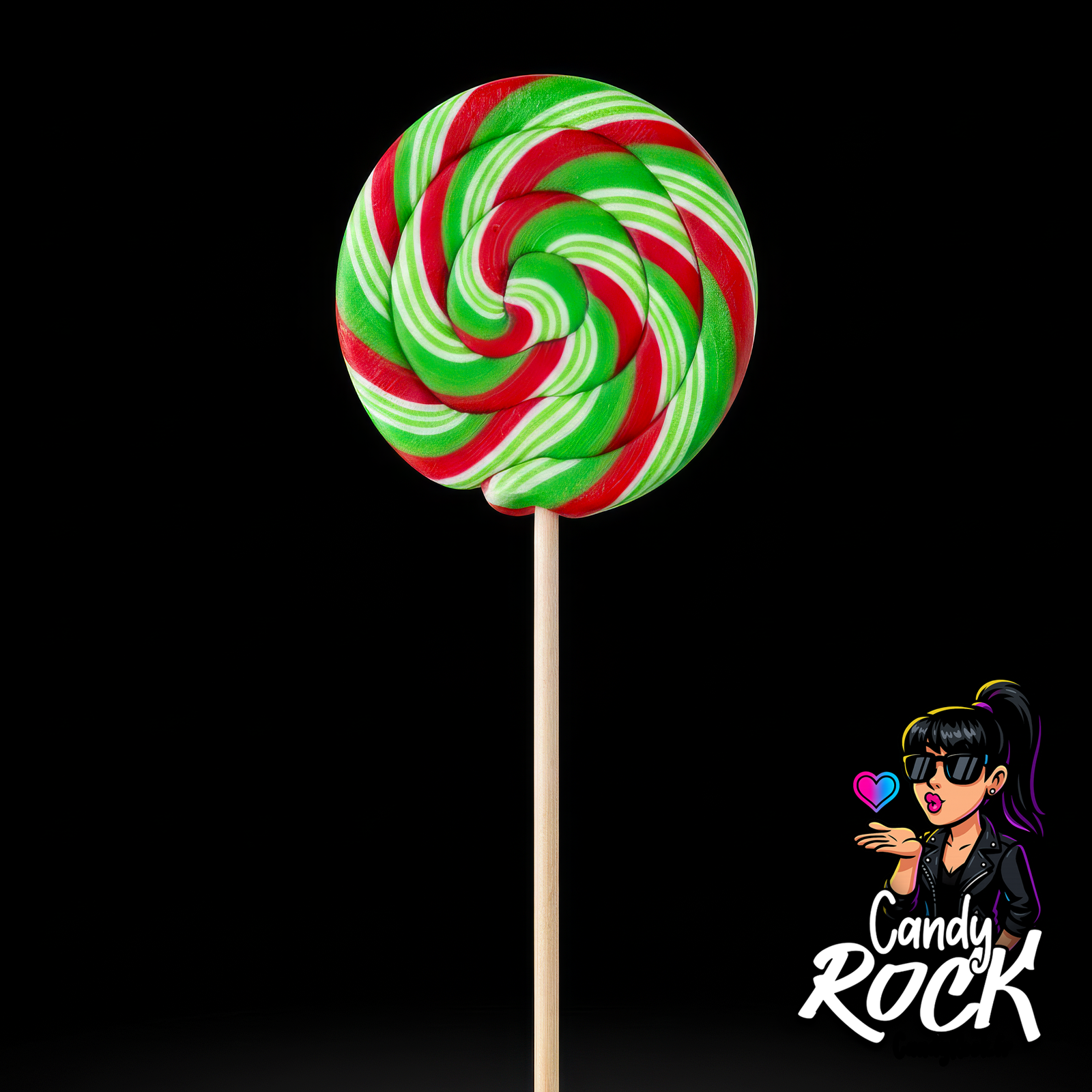 Sucette Swigle Pop Pastèque Felko Holland en spirale vert rouge et blanc, surface brillante, CandyRock.