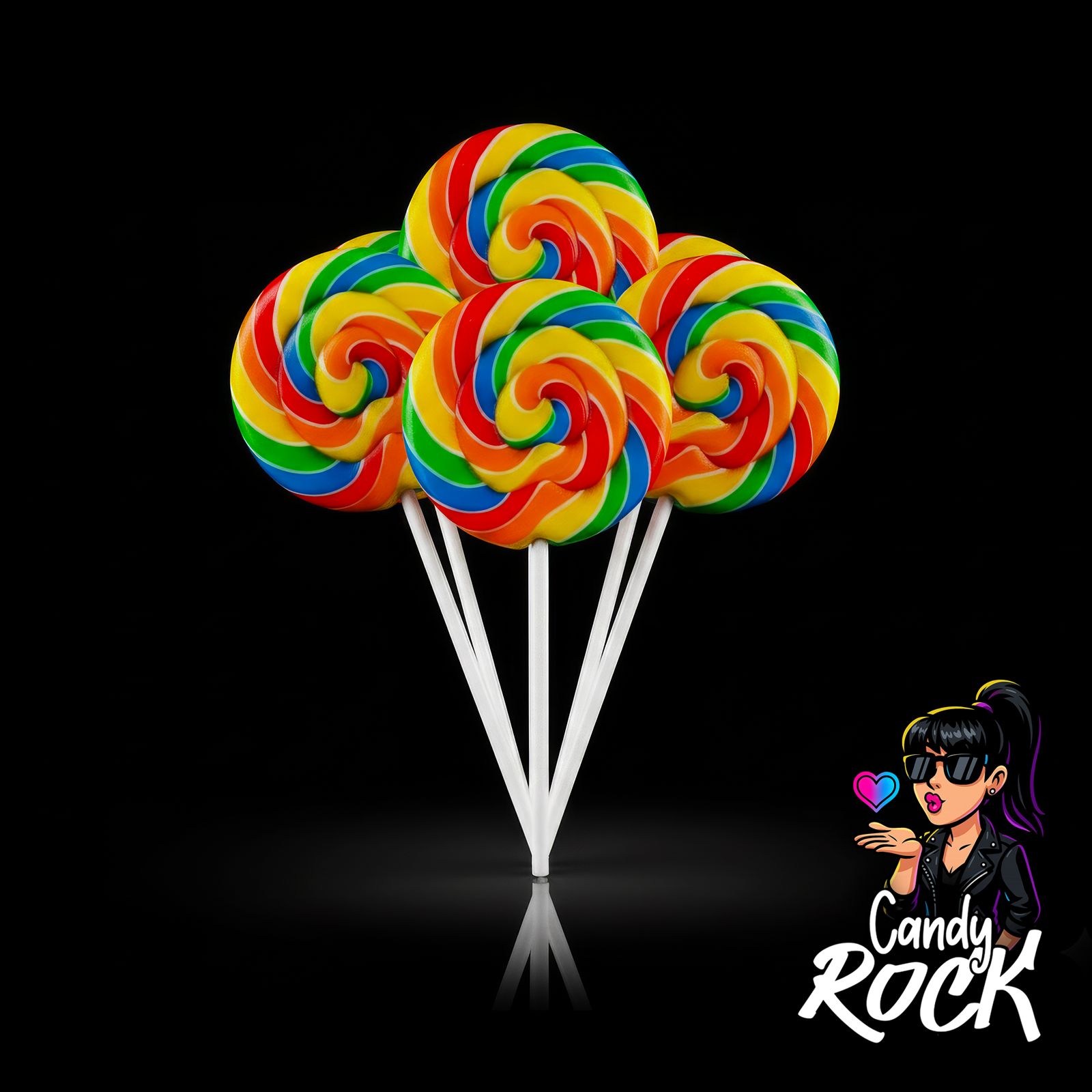 Vue rapprochée de sucettes spiralées arc-en-ciel Swigle Pop Fruit Felko Holland, texture dure glossy CandyRock.