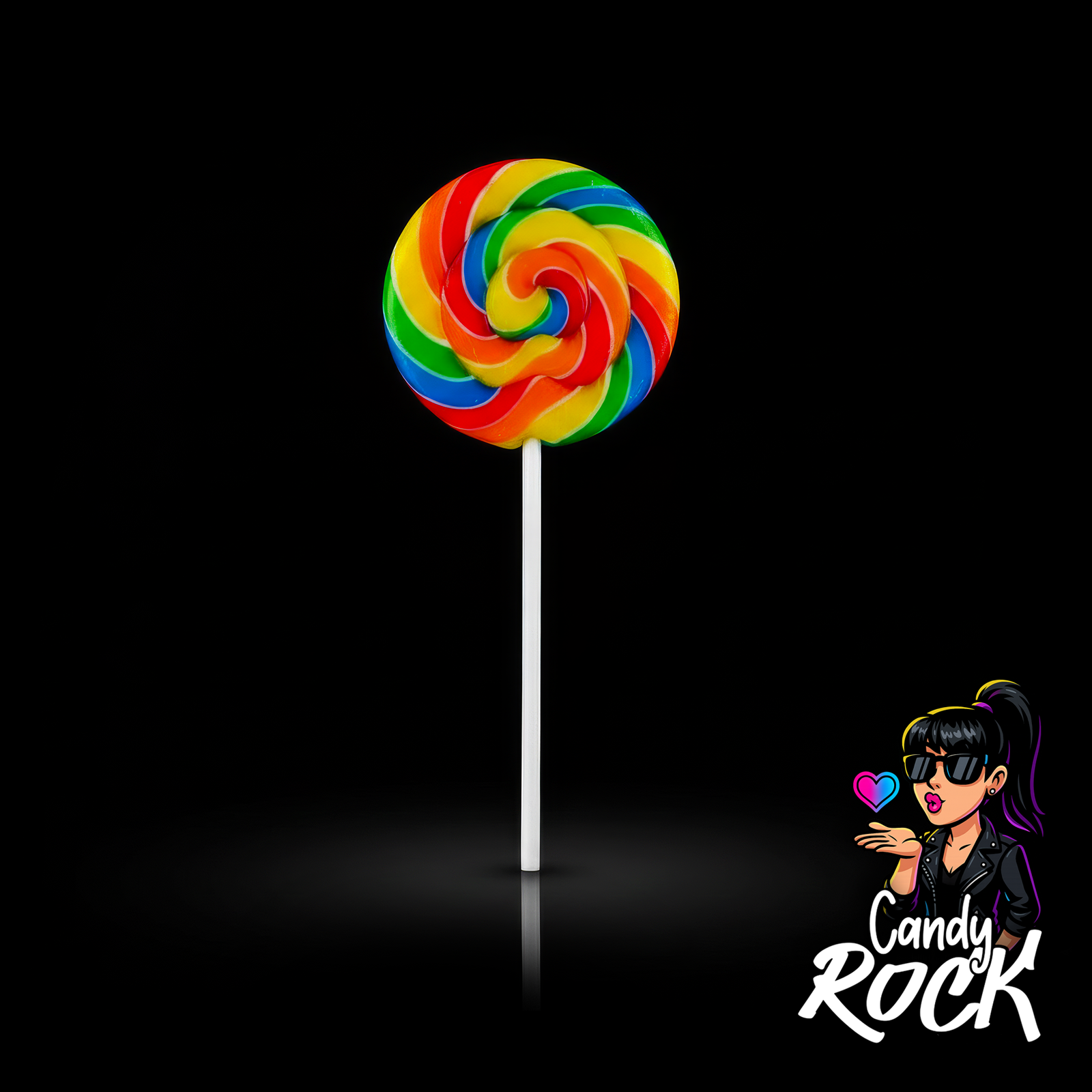 Sucette Swigle Pop Fruit Felko Holland en spirale multicolore brillante avec bâton blanc, ambiance pop rock CandyRock.