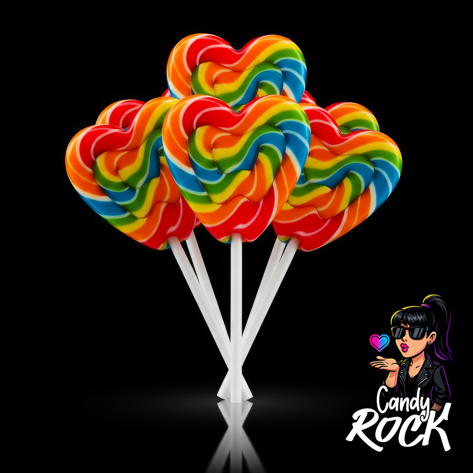 Sucettes cœur Dulcipop multicolores en spirale glossy, nuances arc-en-ciel vibrantes, sur fond noir CandyRock.