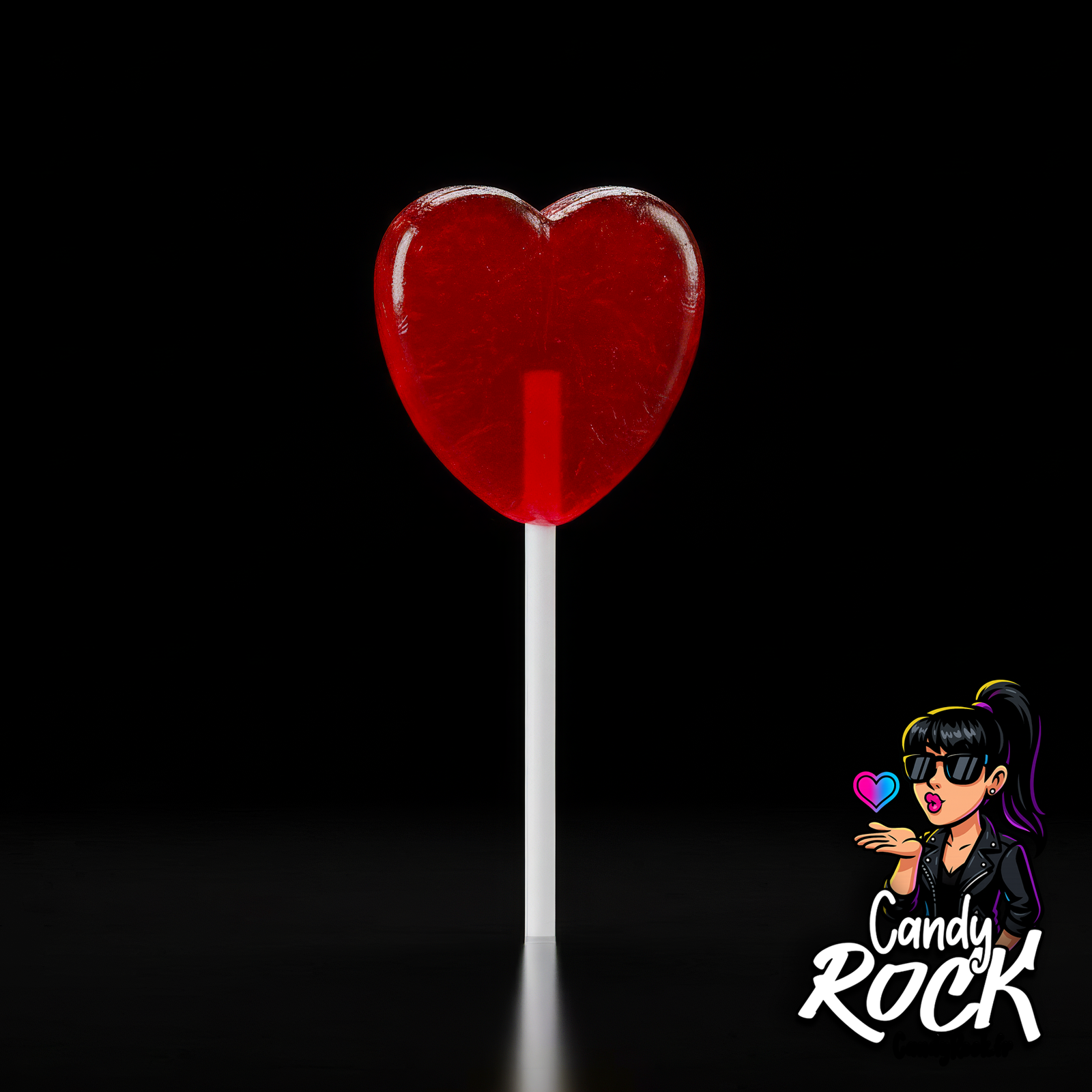 Sucette rouge en forme de cœur Cerdán sans sucre, translucide et brillante, sur fond noir CandyRock.