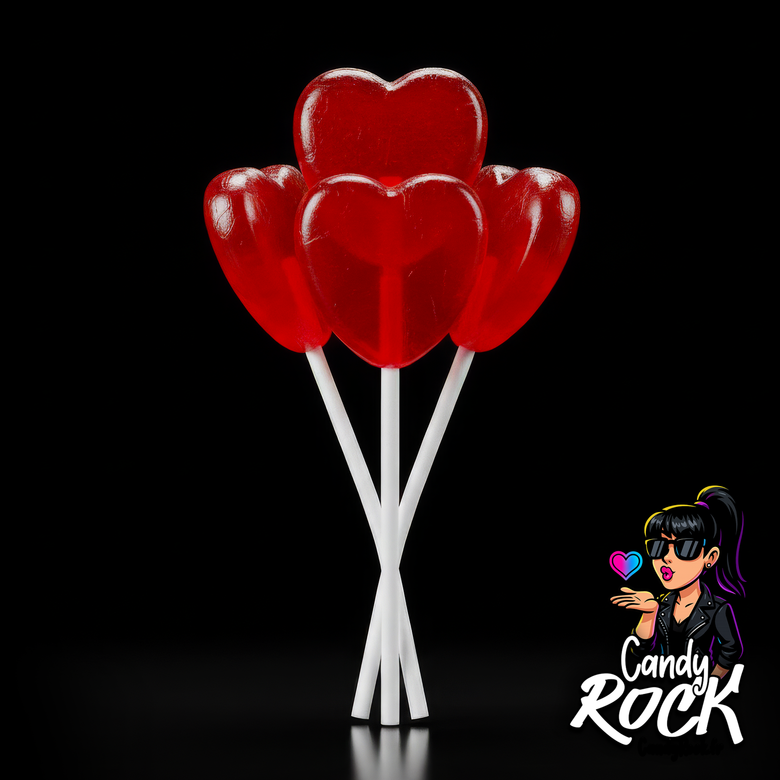 Vue rapprochée de plusieurs sucettes cœur rouges Cerdán sans sucre, texture lisse et transparente, fond noir CandyRock.