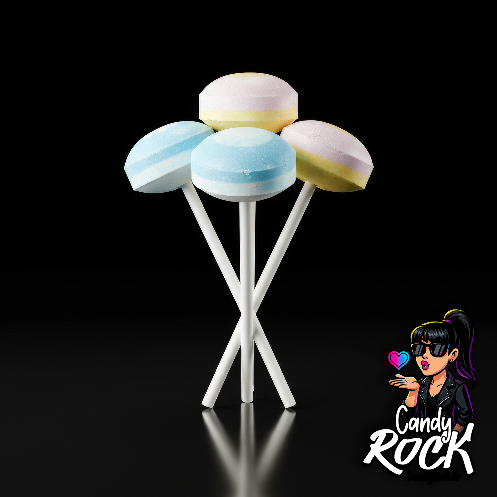 Sucettes Bipop en dextrose pastel bleu et rose sur fond noir, présentation nette et stylée CandyRock.