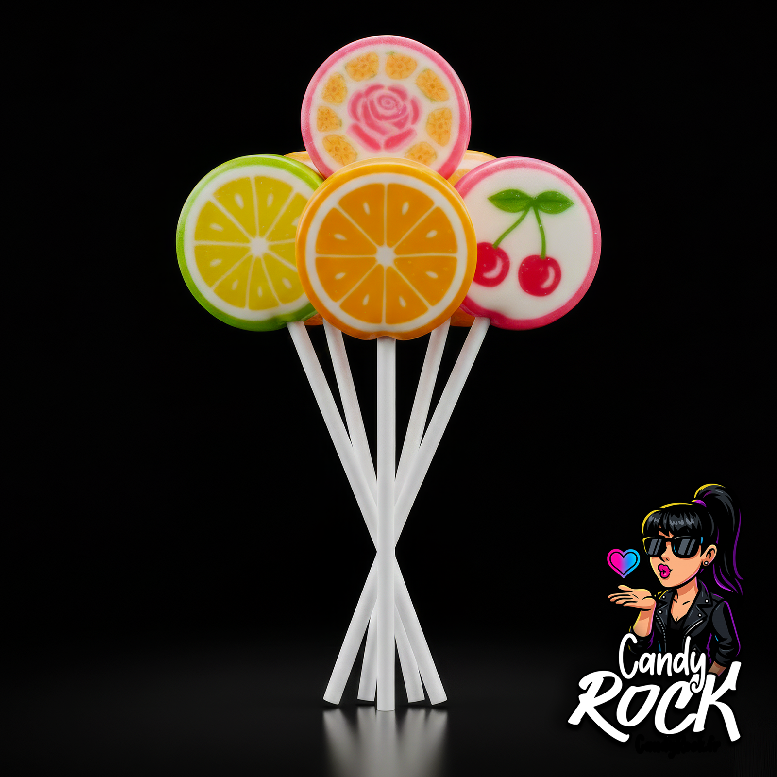 Sucettes rock candy Gerio aux motifs fruits, rondes, brillantes et colorées, présentées sur fond noir CandyRock.