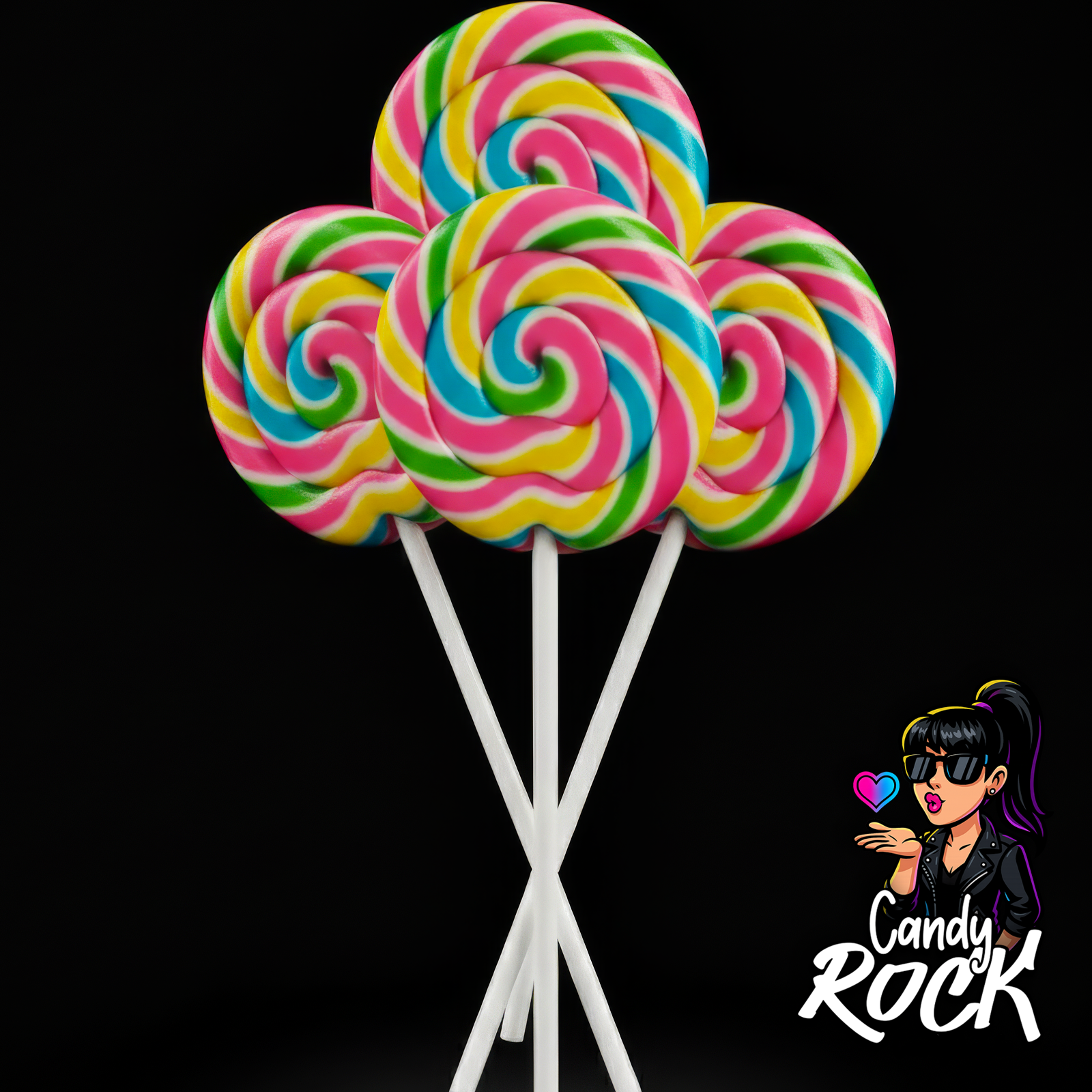 Sucettes rondes Dulcipop rainbow en spirale brillante, couleurs vives et torsade gourmande, sur fond noir CandyRock.