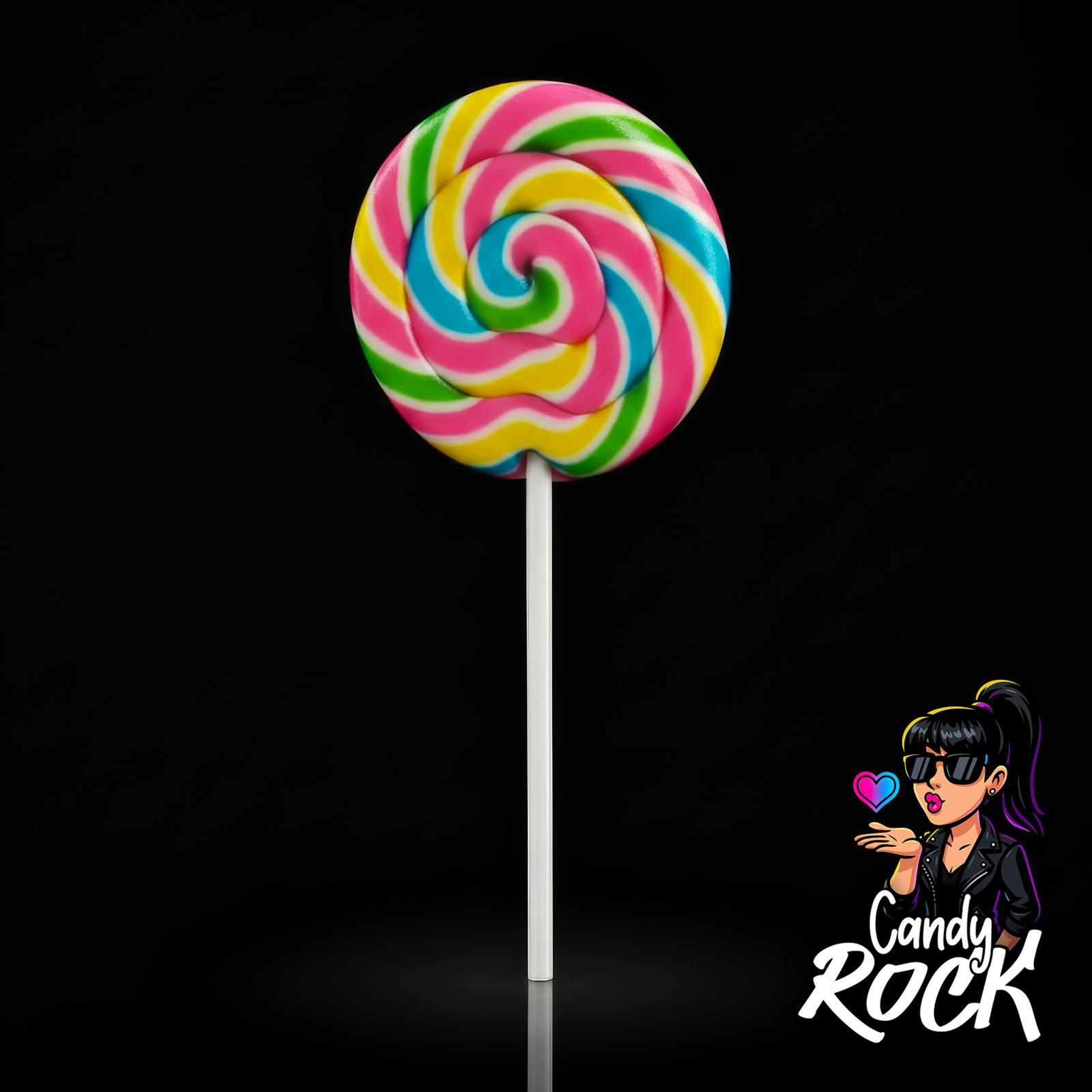 Vue rapprochée d’une sucette ronde Dulcipop arc-en-ciel, swirl brillant multicolore, fond noir CandyRock.