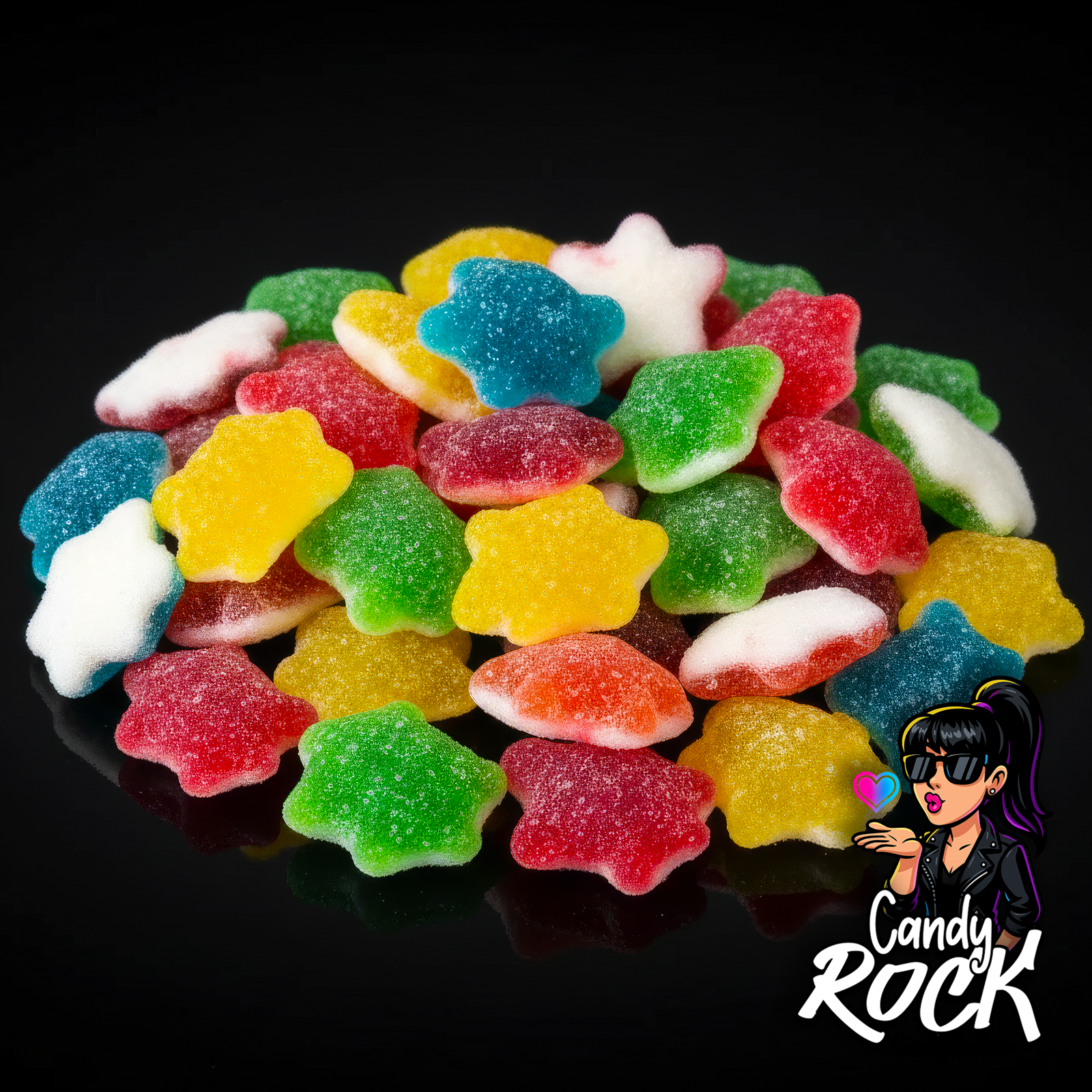 Vue rapprochée de tortues gélifiées acidulées aux couleurs vives avec sucre enrobant, version CandyRock.