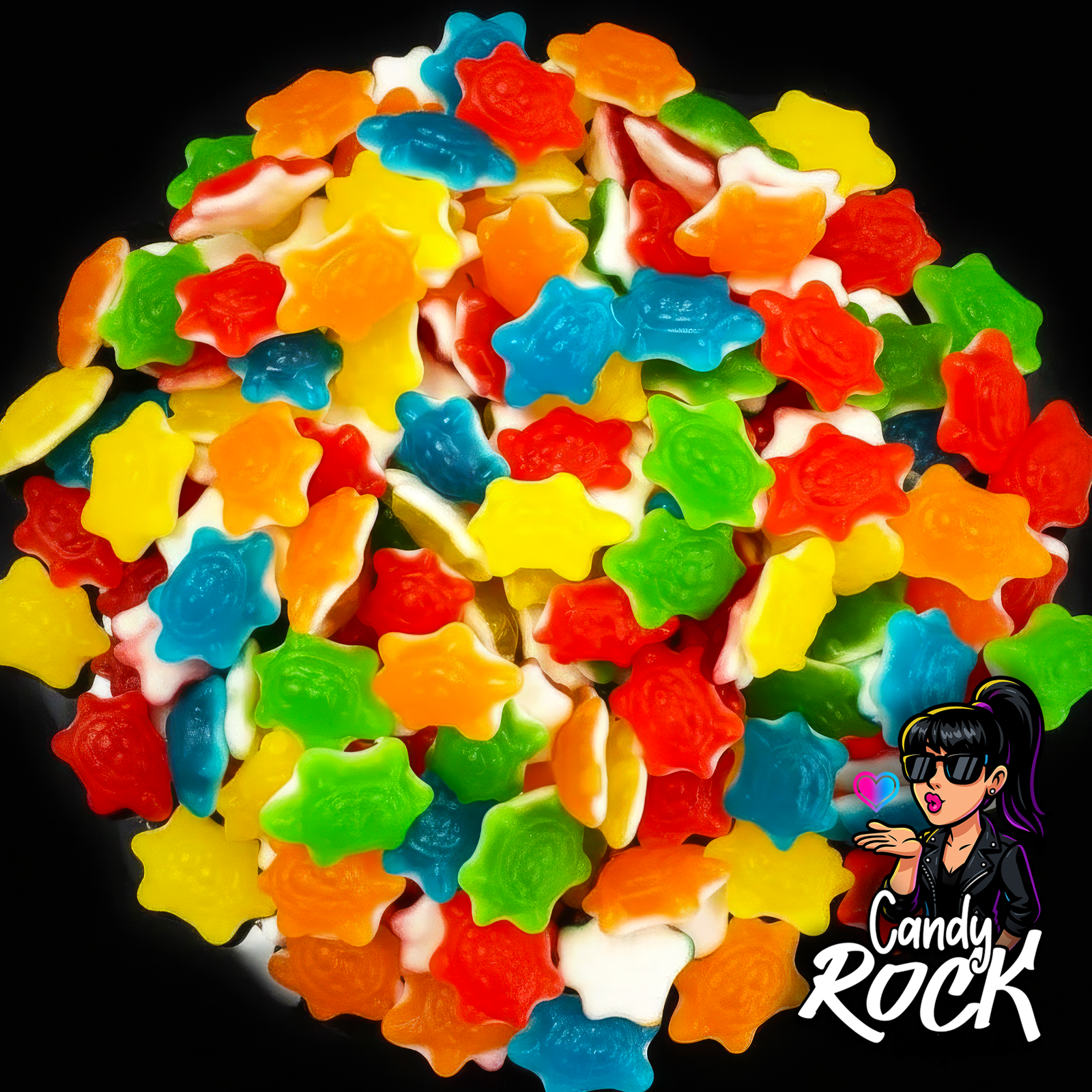Bonbons tortues gélifiées lisses et multicolores, présentation générale sur fond noir avec éclat brillant, CandyRock.