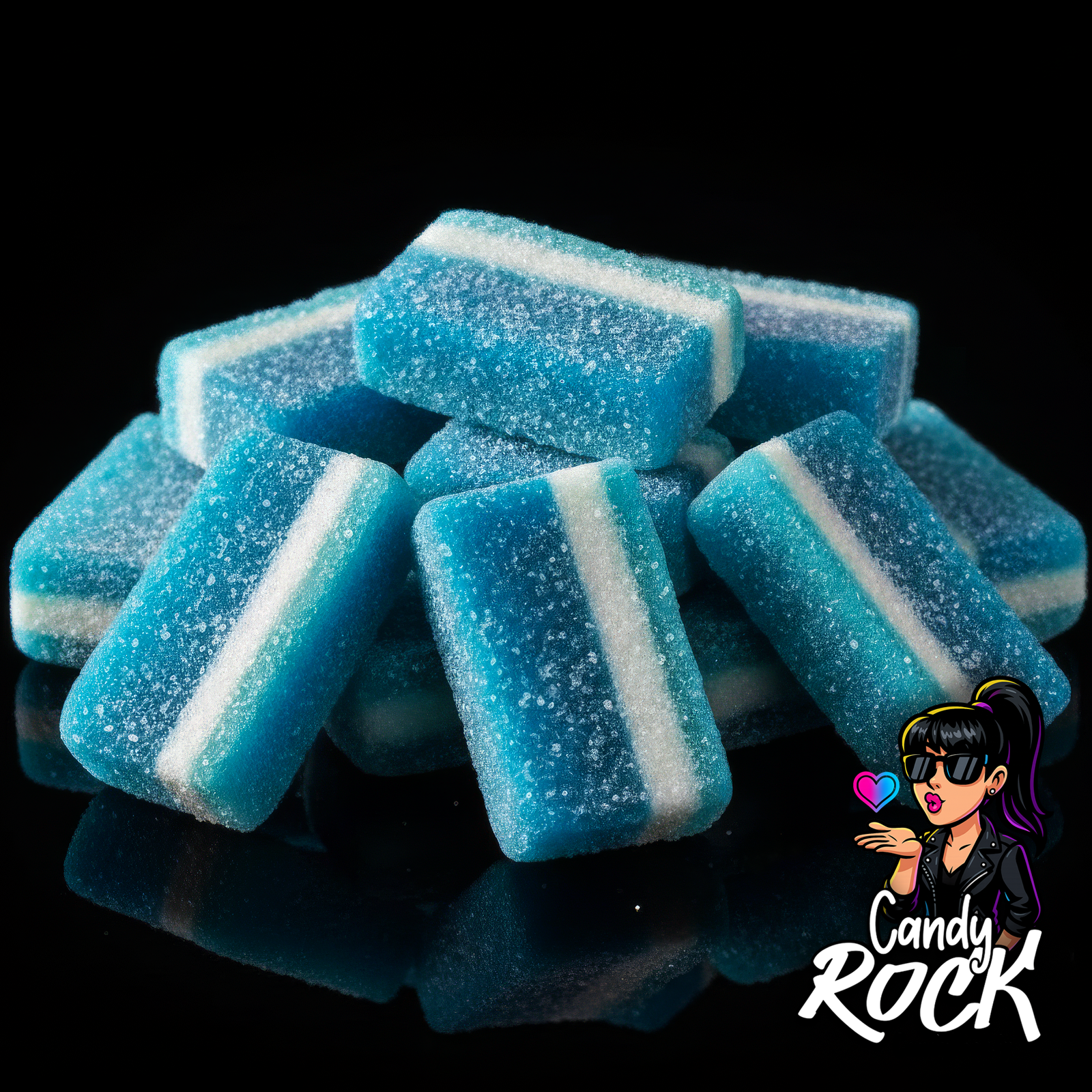 Vue rapprochée de tranches gélifiées bleues à bande blanche avec enrobage acidulé brillant, CandyRock.
