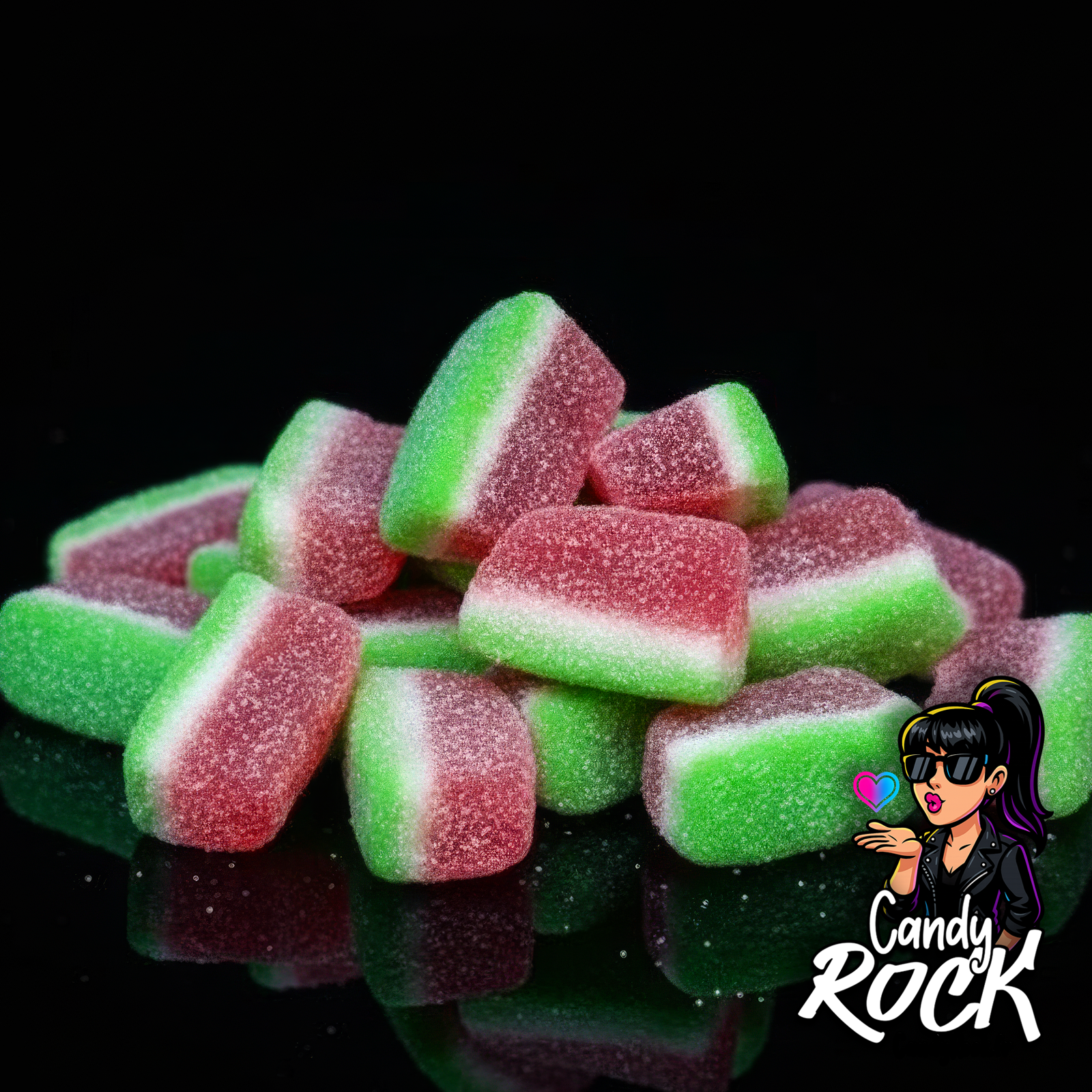 Vue rapprochée de tranches pastèque gélifiées bicolores avec sucre acidulé et texture moelleuse, CandyRock.