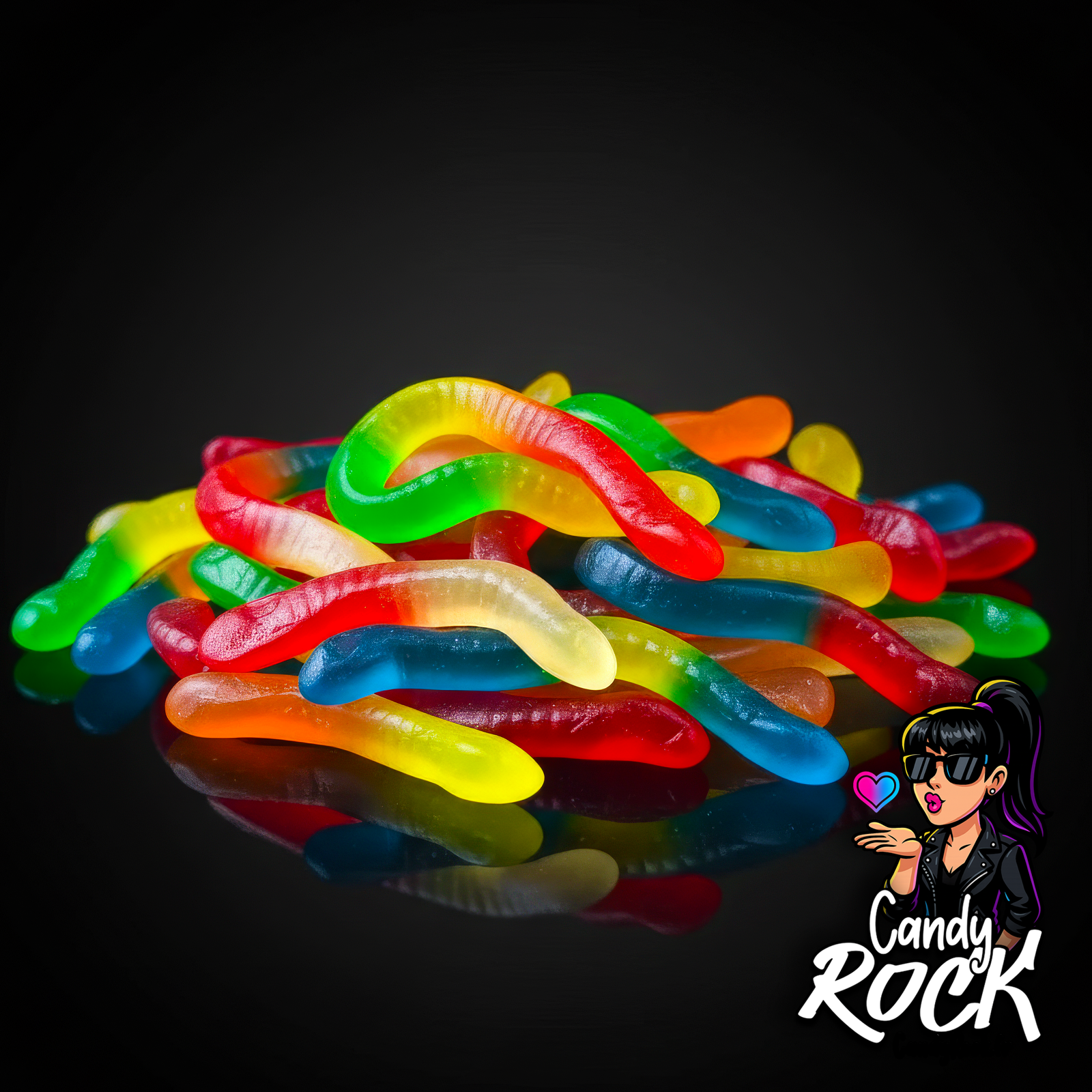 Gros plan sur des vers gélifiés multicolores lisses et brillants, détails des couleurs vives et texture tendre CandyRock.