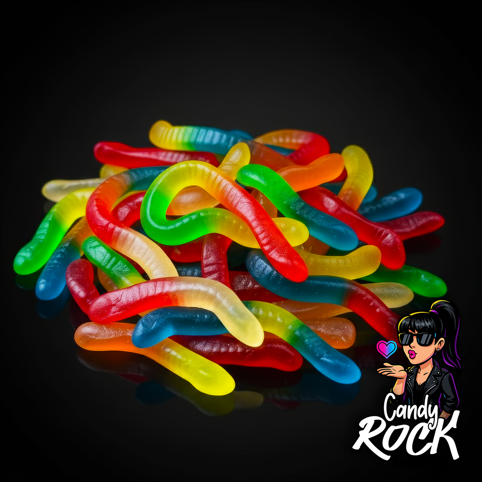 Vers gélifiés multicolores lisses et brillants sur fond noir, présentation générale du mélange fruité CandyRock.