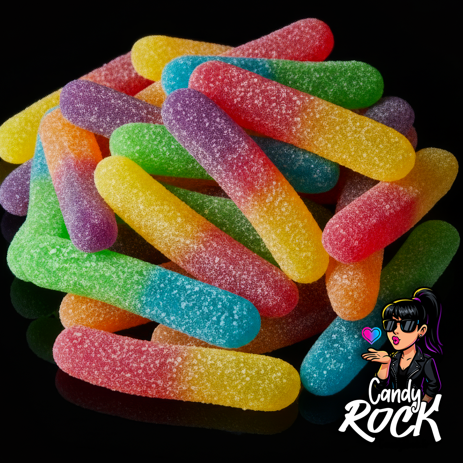 Bonbons gélifiés en forme de vers multicolores acidulés sur fond noir, présentation générale brillante, CandyRock.