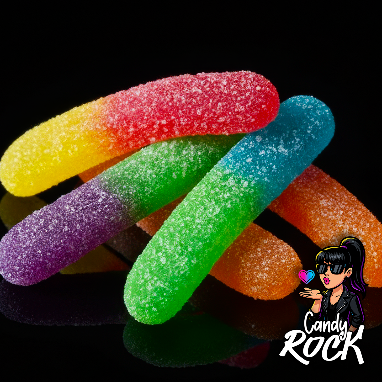 Gros plan sur des bonbons vers multicolores recouverts de sucre acidulé, détail des textures vives, CandyRock.