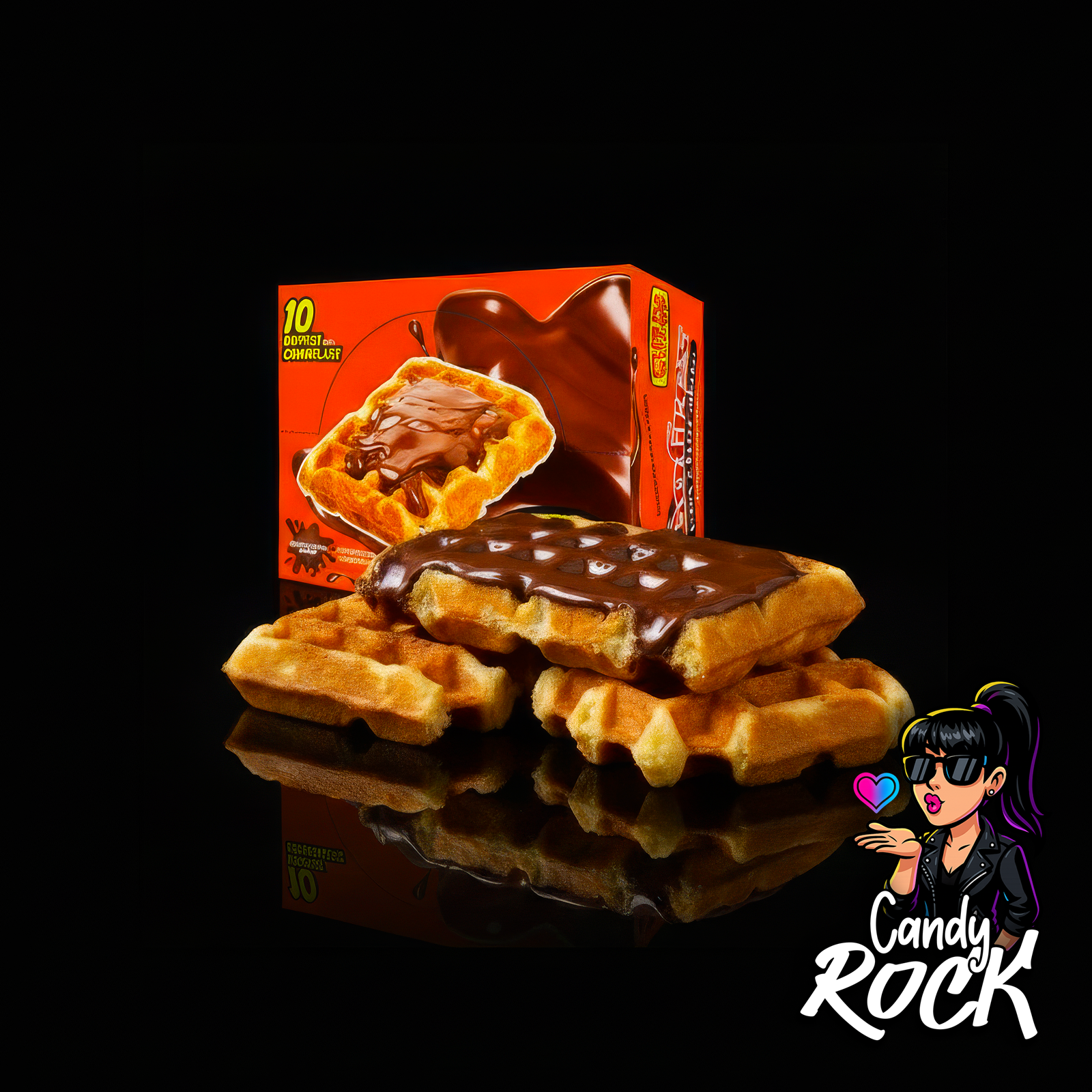 Gaufre épaisse nappée de chocolat avec boîte Punto Gofre visible, ambiance intense et gourmande CandyRock.
