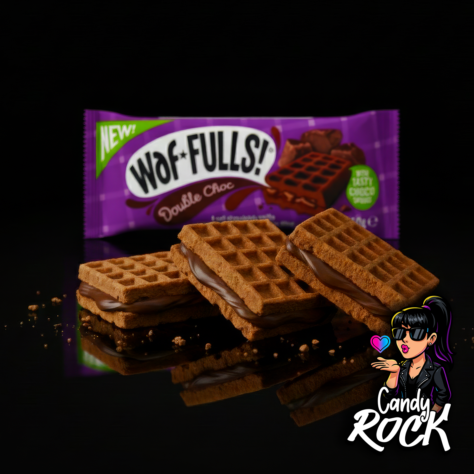Vue rapprochée de gaufres chocolat quadrillées garnies de crème chocolat lisse, ambiance premium CandyRock.