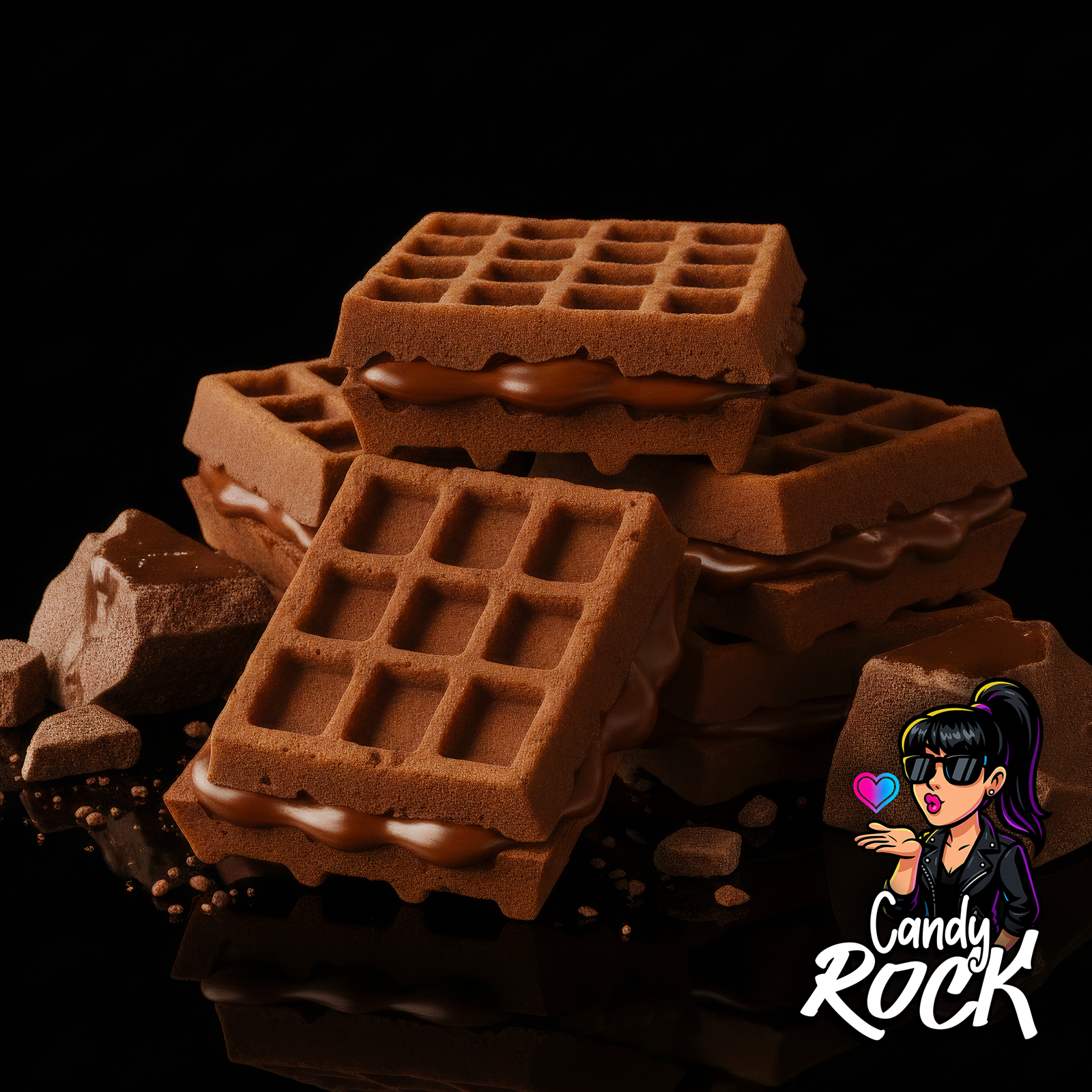 Gaufre sandwich chocolat rectangulaire avec cœur crème chocolat fondante sur fond noir, CandyRock.
