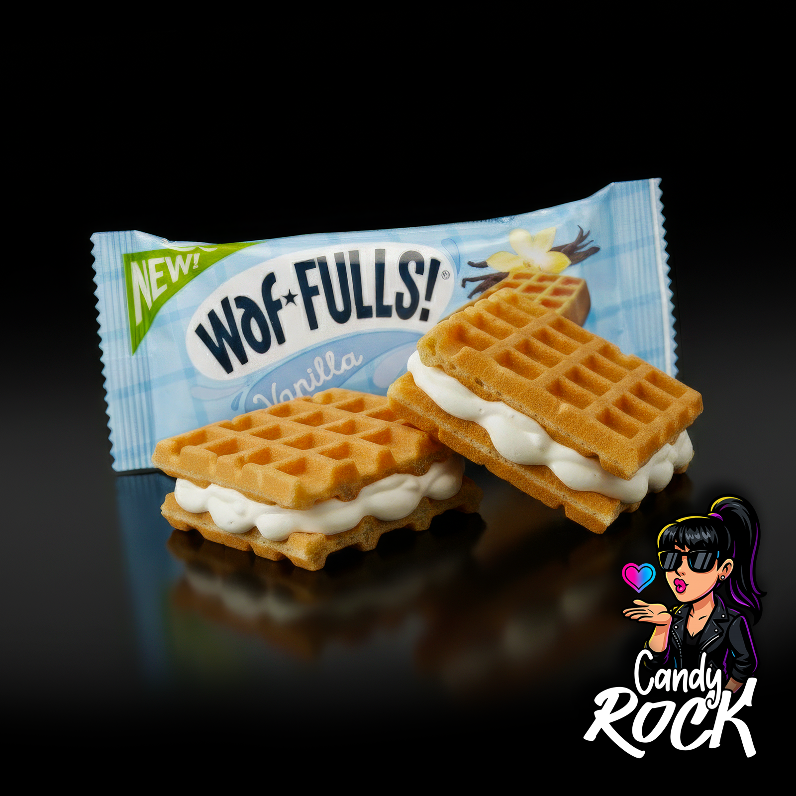 Vue rapprochée de gaufres sandwich quadrillées garnies de crème vanille blanche, ambiance premium CandyRock.