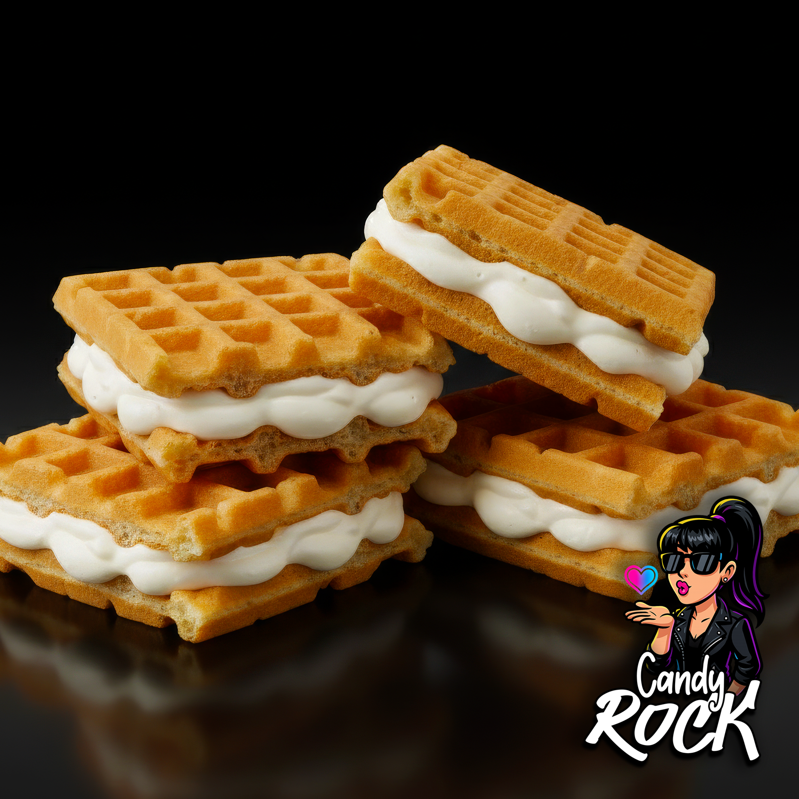 Gaufre sandwich rectangulaire dorée avec cœur crème vanille fondante sur fond noir, CandyRock.