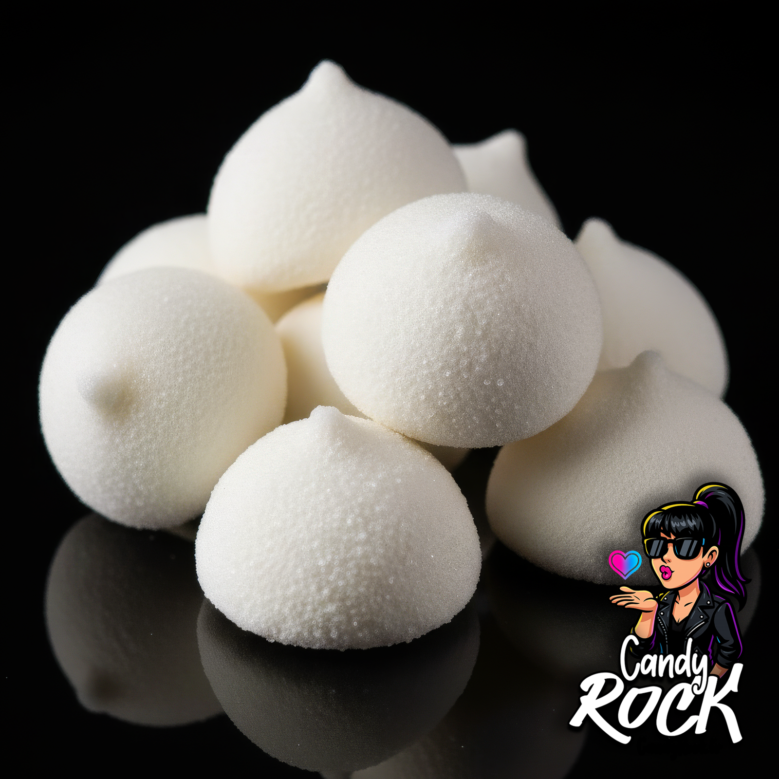 Zoom sur des guimauves éponges bulgares blanches montrant leur surface veloutée et leur mousse aérienne, style CandyRock.