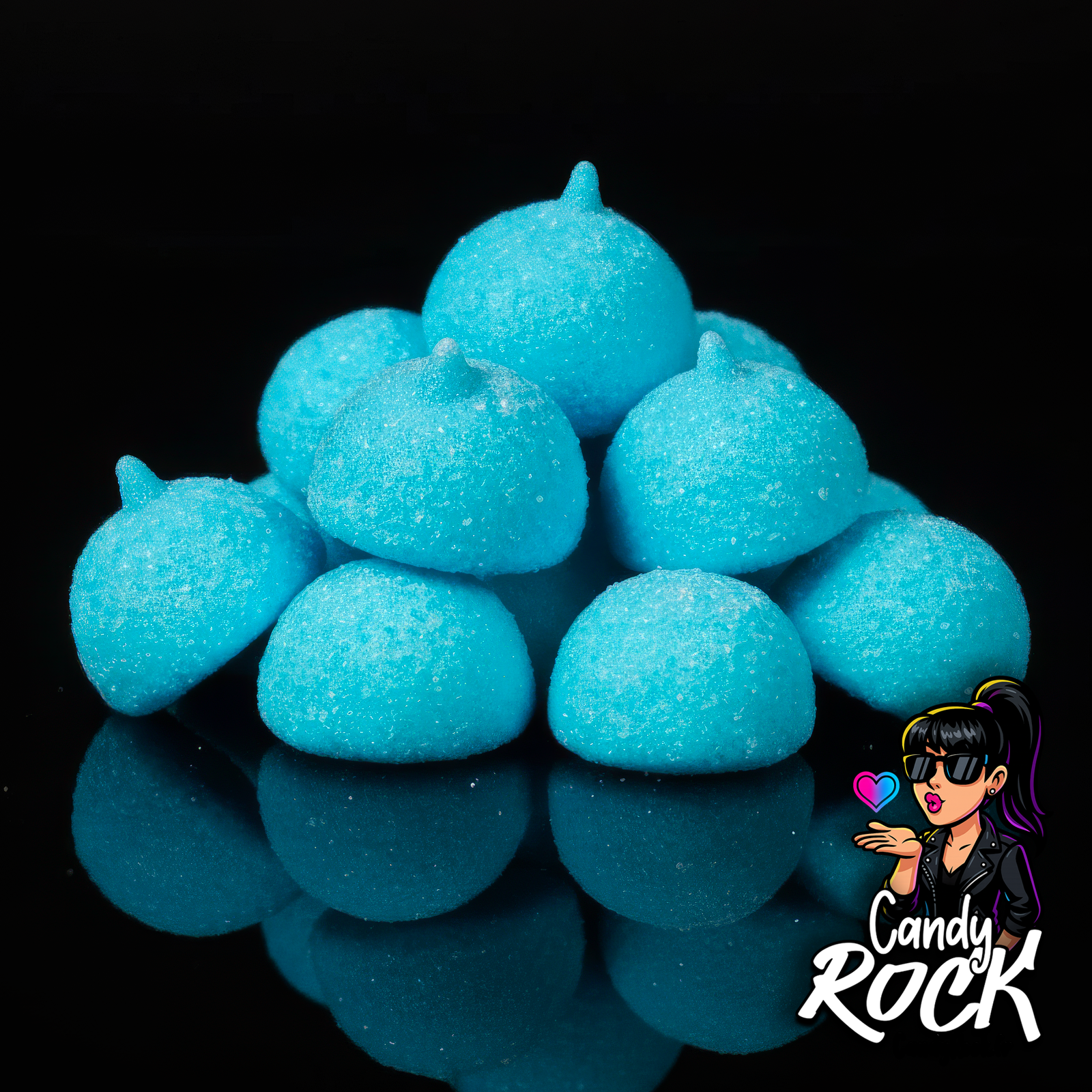 Gros plan de guimauves bulgares boules bleues montrant la mousse aérienne et le velours sucré, CandyRock.
