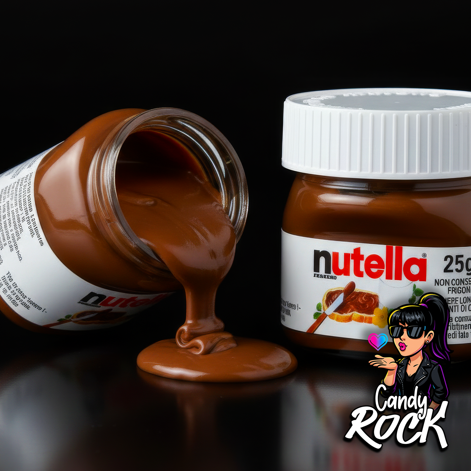 Pot Nutella mini ouvert avec pâte chocolat noisette brillante qui coule, détail fondant, CandyRock.