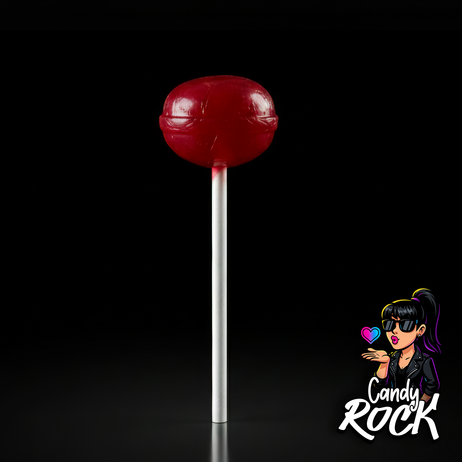 Vue rapprochée d’une sucette Kojak Pop rouge brillante fraise cerise sur bâton blanc, CandyRock.