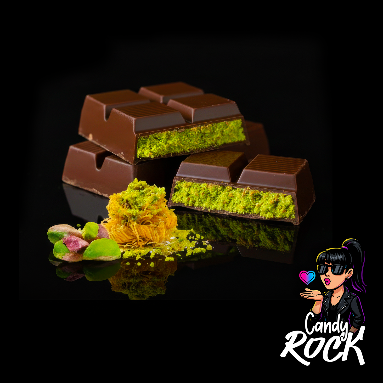 Carrés de tablette chocolat Dubai fourrés à la pistache avec cheveux d’ange visibles, mis en scène sur fond noir CandyRock.