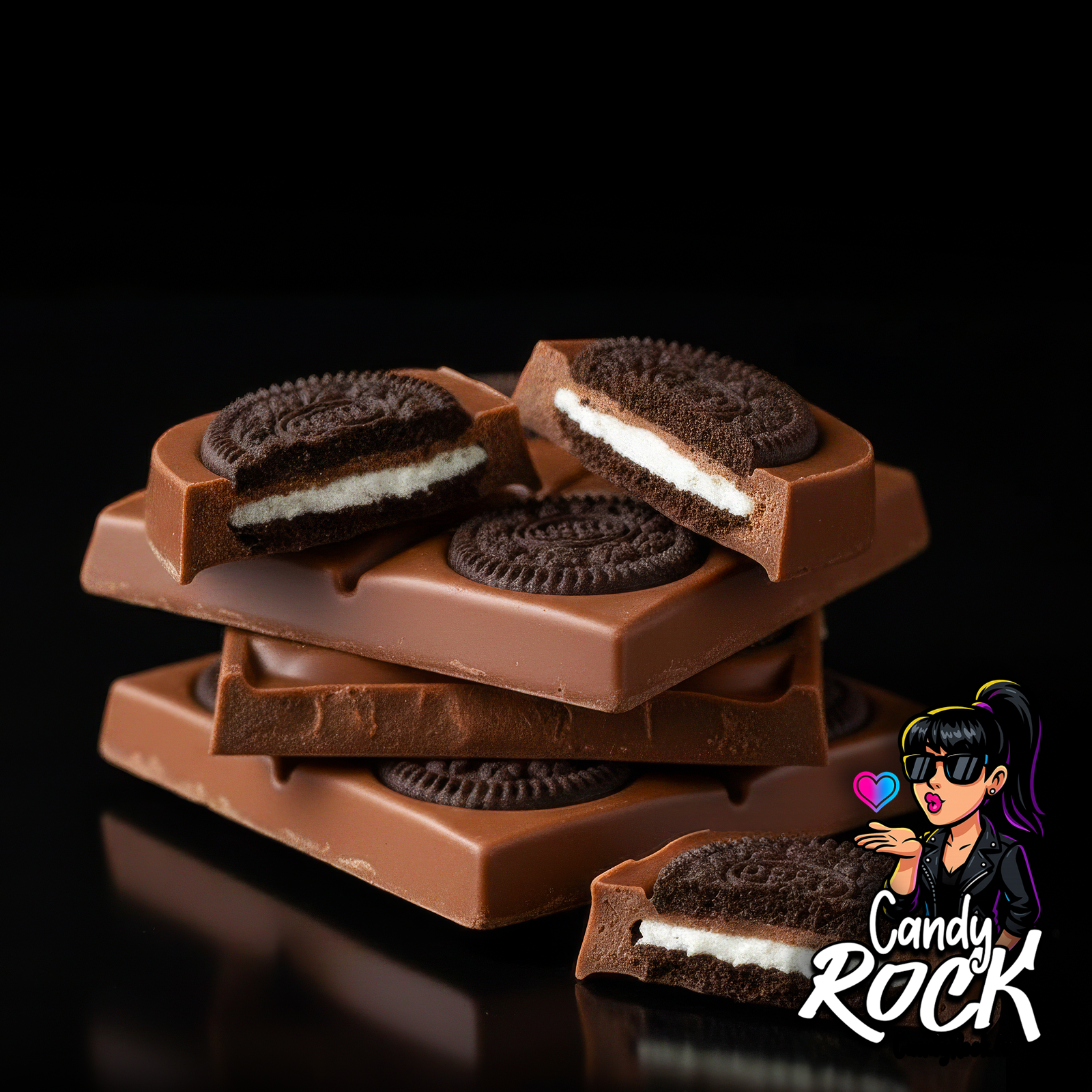 Carrés de tablette Milka Oreo avec biscuits entiers visibles et crème blanche en coupe, ambiance studio CandyRock.